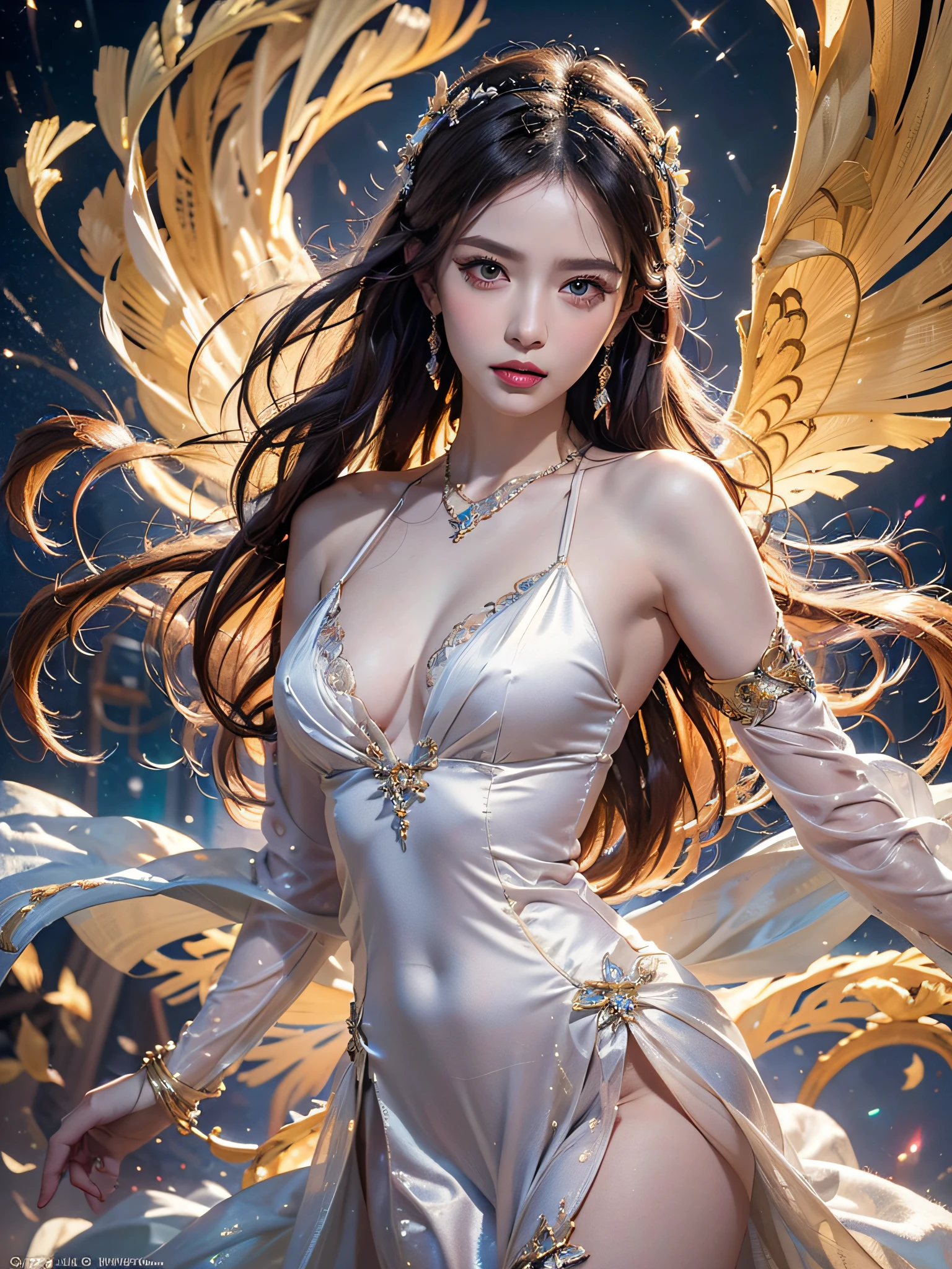 (a venus wearing a see-through silk toga:1.2),(official art, unity 8k wallpaper, ultra detailed, beautiful and aesthetic, masterpiece ,best quality, photorealistic:1.3),(dynamic angle:1.1), shiny skin ,ultra-detailed face, detailed eyes, lustrous lips , (upper body: 1.3),skinny physique, beautiful figure,(Aurora Background, floating colorful sparkles, falling white feathers, wind blowing through, flowing hair), elegant, vivid colours ,