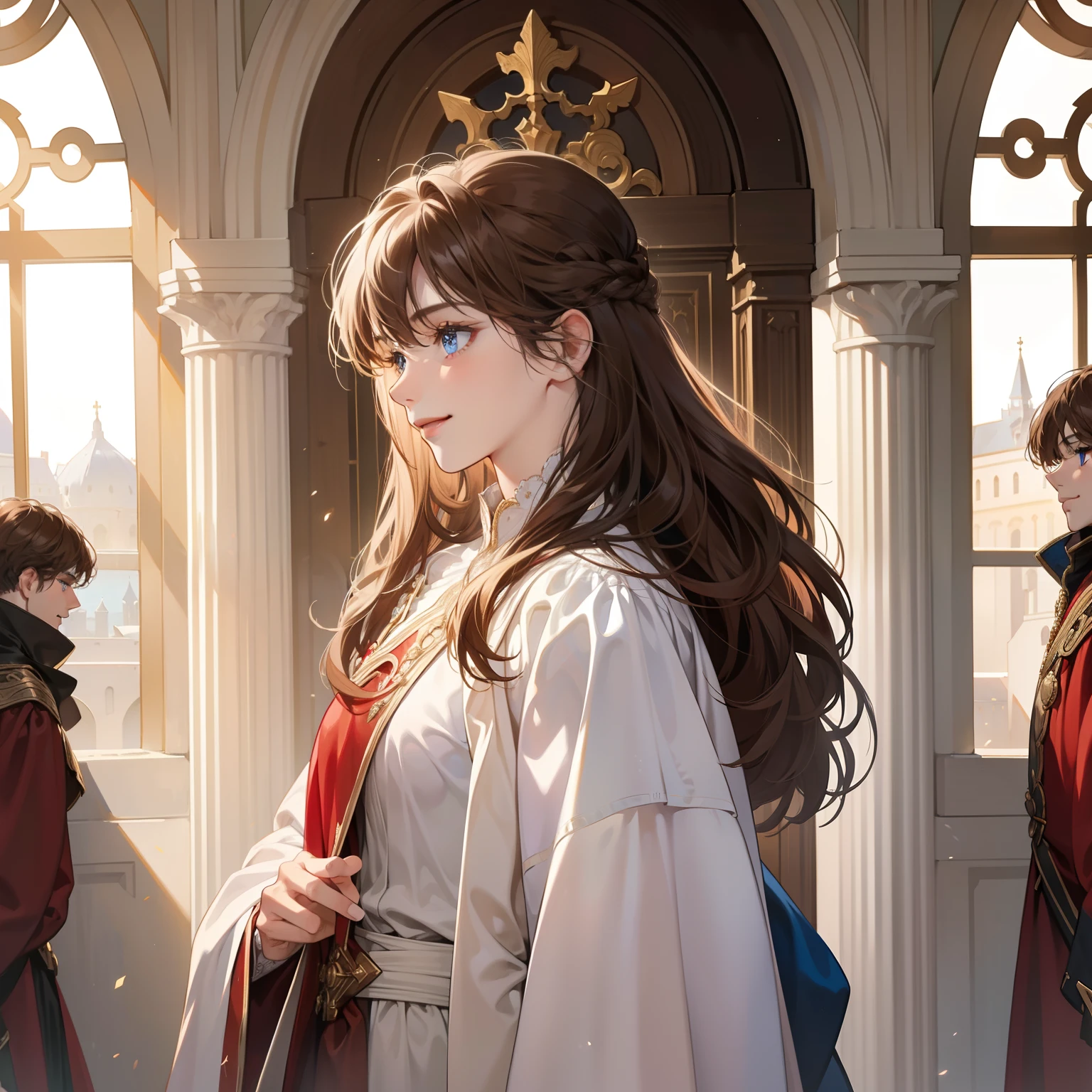 High quality, masterpiece, great detailed, perfect face, clean emotions! Clear eyes, medieval, dramatic lighting, girl with curly messy brown hair and blue eyes in white holy knight clothes and red robe is smiling brightly! In banquet hall, view from profile! From profile!!