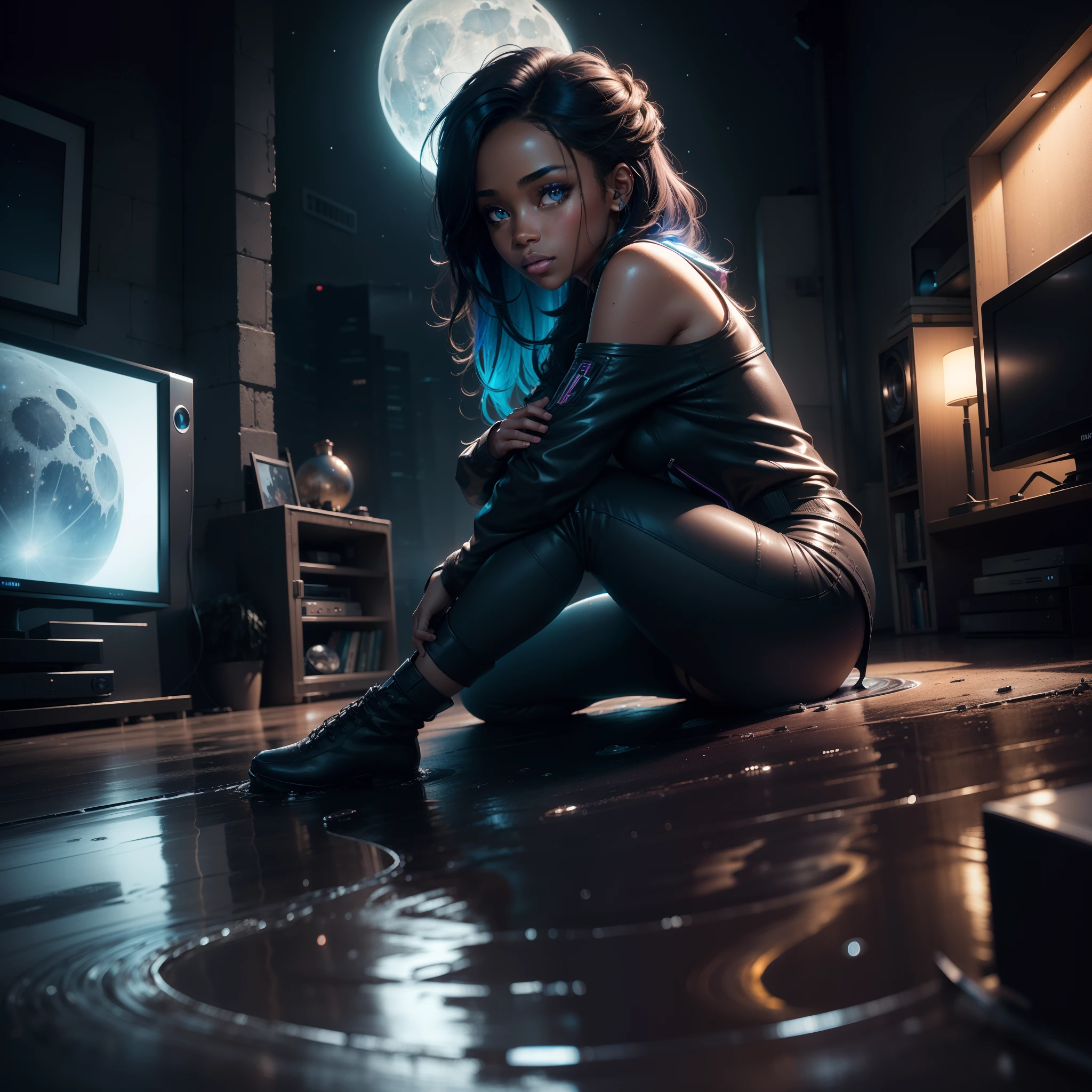A beautiful black girl sitting inside a television set, television set on a wet surface with puddles of water reflecting the blue moon and night sky full of stars, in a dystopian city, with iridescent light, highly detailed images, vibrant beautiful colours, photorealistic image, 8k, ultra HD, unreal engine rendered, cinematic lighting, artgerm style,