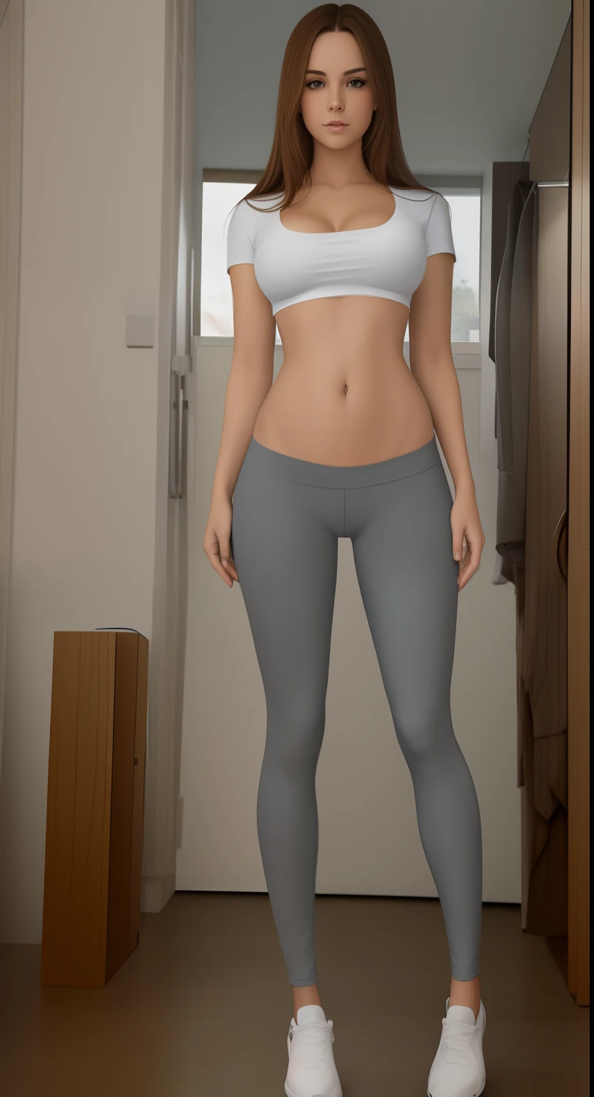Slim young woman, full body, low rise leggins, legs appart, tshirt, cleavage, belly button showing, groin showing, (wrinkles on leggins remarking pussy shape)