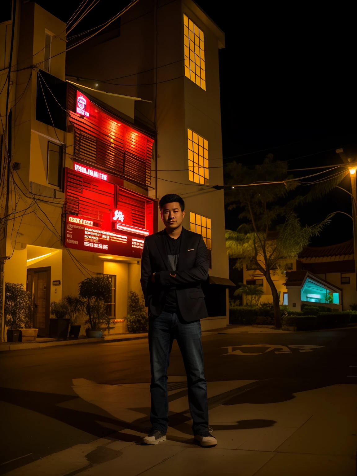 arafed man standing in front of a building at night, dang my linh, hoang long ly, profile picture 1024px, photo taken in 2 0 2 0, in front of the house, profile picture, high quality picture, professional picture, high quality upload, profile photo, taken in the night, profile image, standing in street