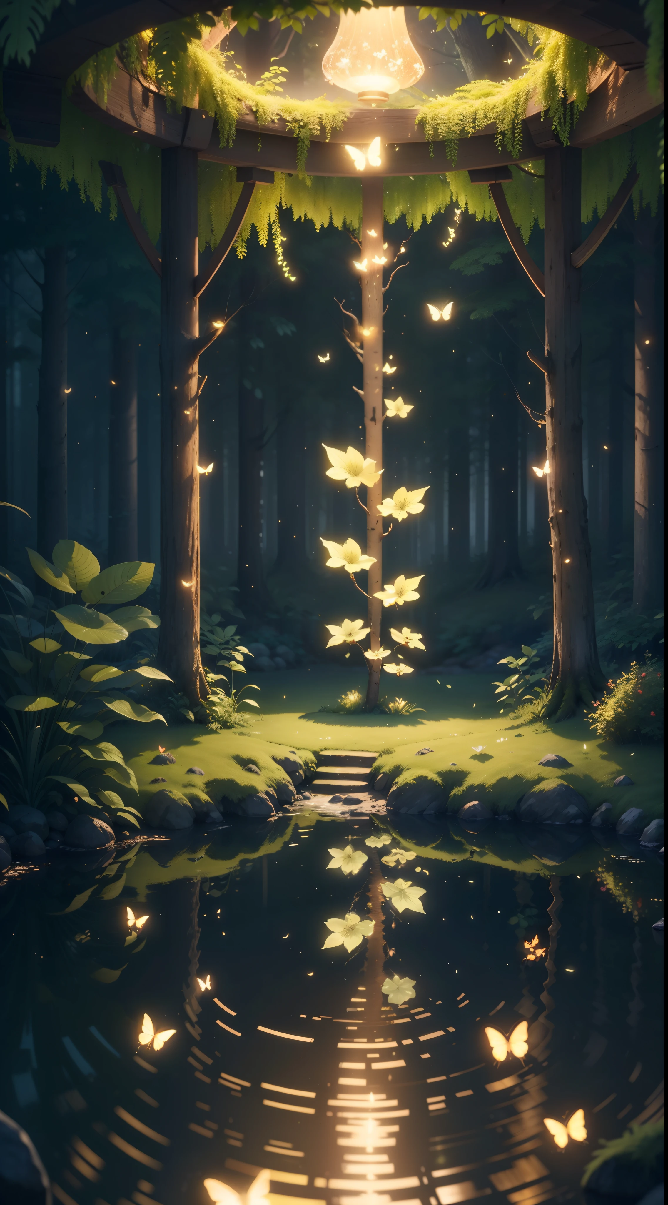 A masterpiece, the best quality, stunning reflections, the best reflections ever. (very detailed CG unity 8k wallpapers), (best quality), (best illustrations), (best shadows), forest theme with natural elements. Tall trees, quiet streams, small glowing mushrooms surrounded by delicate leaves and branches, with fireflies and glowing particle effects,, (natural elements), (jungle theme), (leaves), (twigs), (fireflies), butterflies, (delicate leaves), (glow), (particle effects). , Isometric 3D, Octane Rendering, Ray Traced, Super Detailed