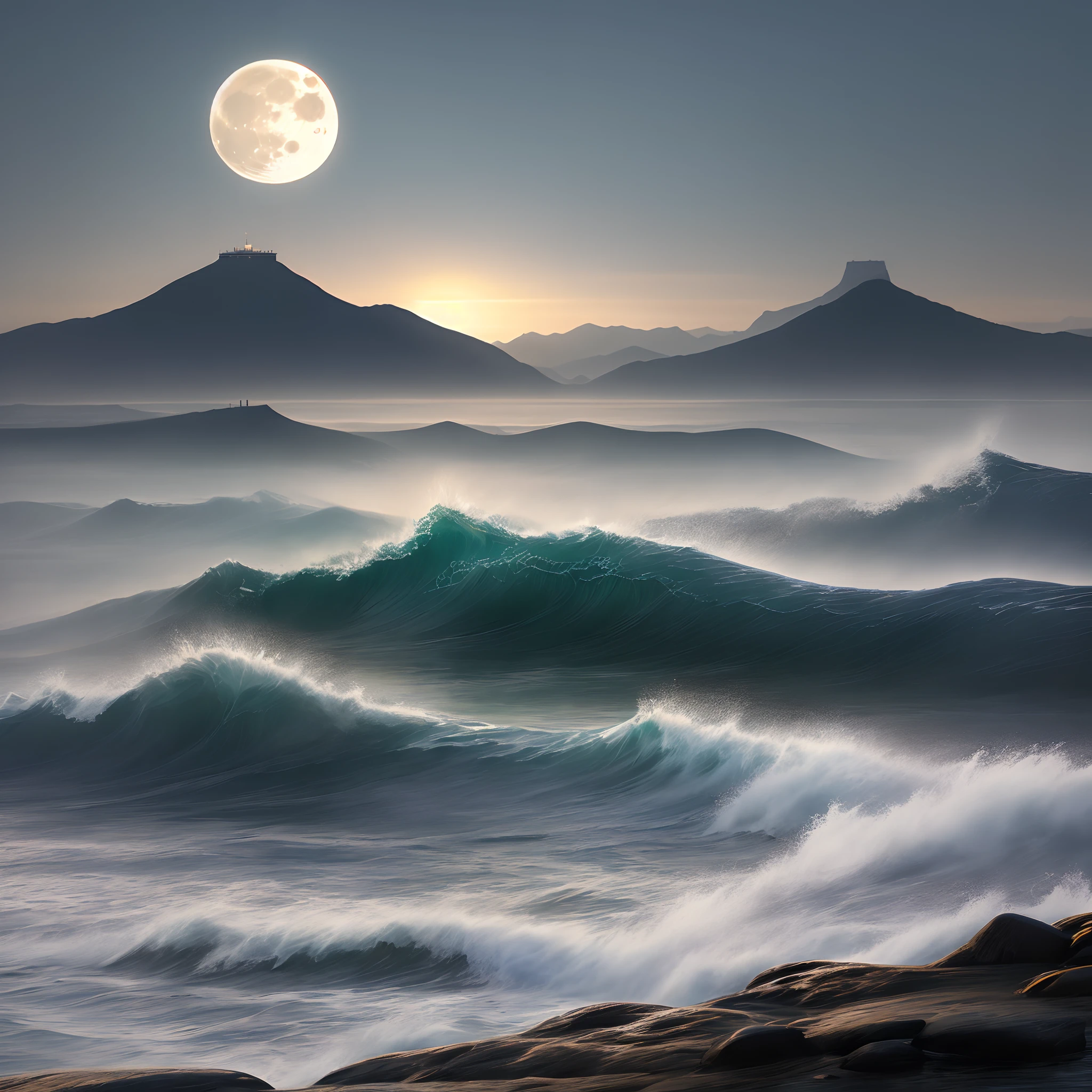 The fog does not show,Contains the Mountain Moon。
Haicheng ink faded,Yanyang shadow bath Hu Gui。
Ear sideburns,The waves rise and the star island disappears。
The wind is shallow,Look at Xia Mo tide back。