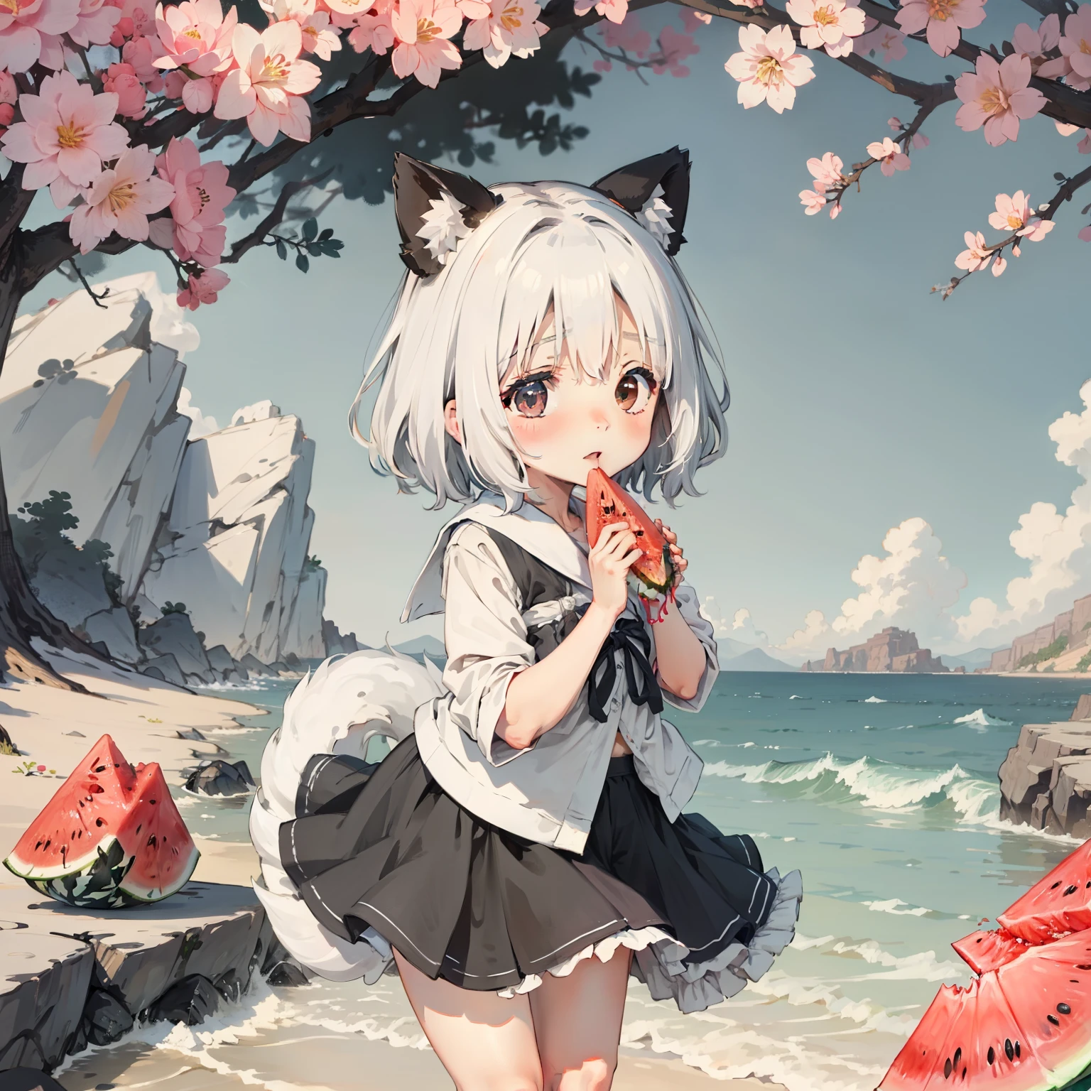 The waves bloom,Loli,,A little girl eatingmelon,独奏, (with short white hair:1.2),