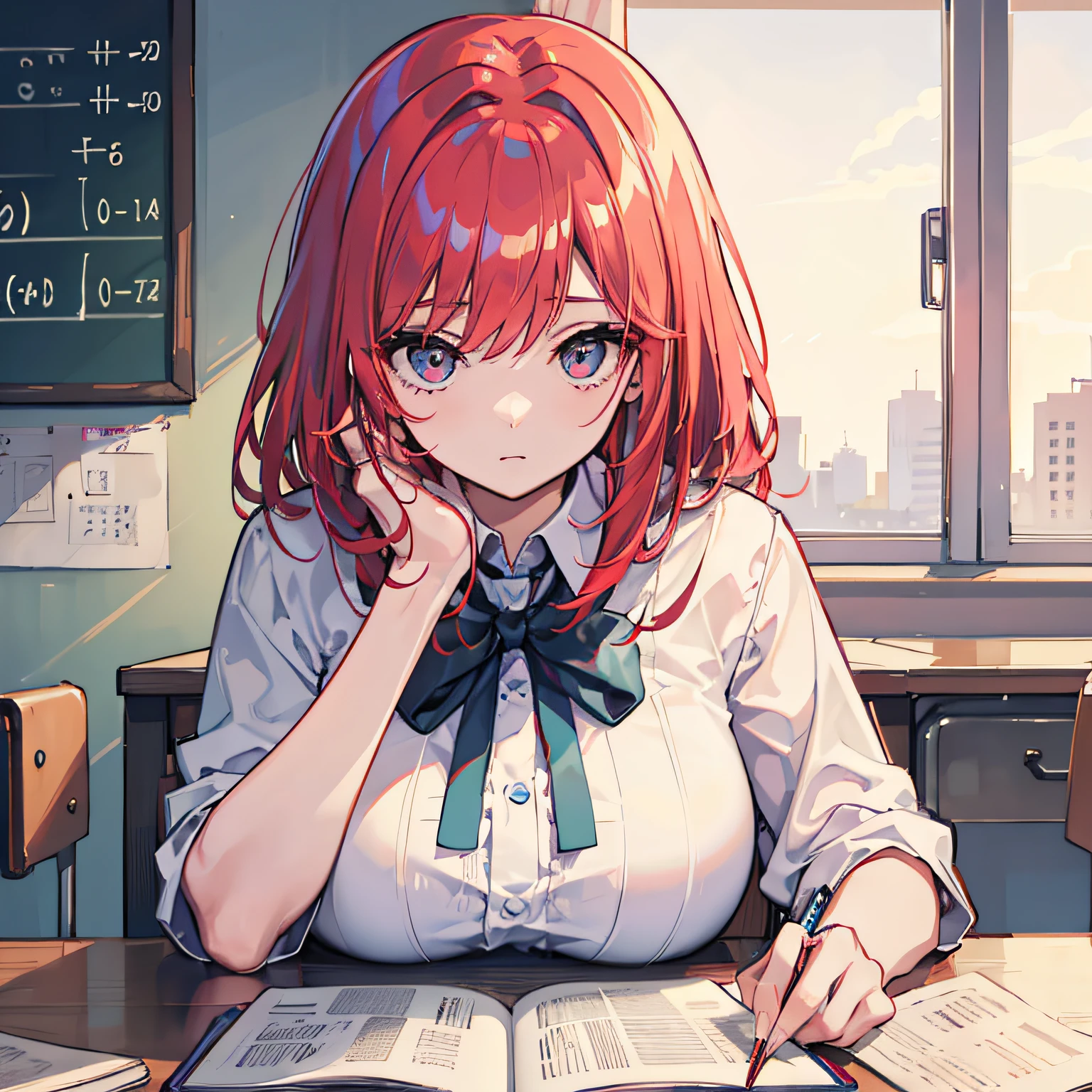 Beautiful woman Studying Focused face on desk inside in room By morning with light glowing Morning view Test Preparation Pupils red hairs Studying Mathematics Colossal tits