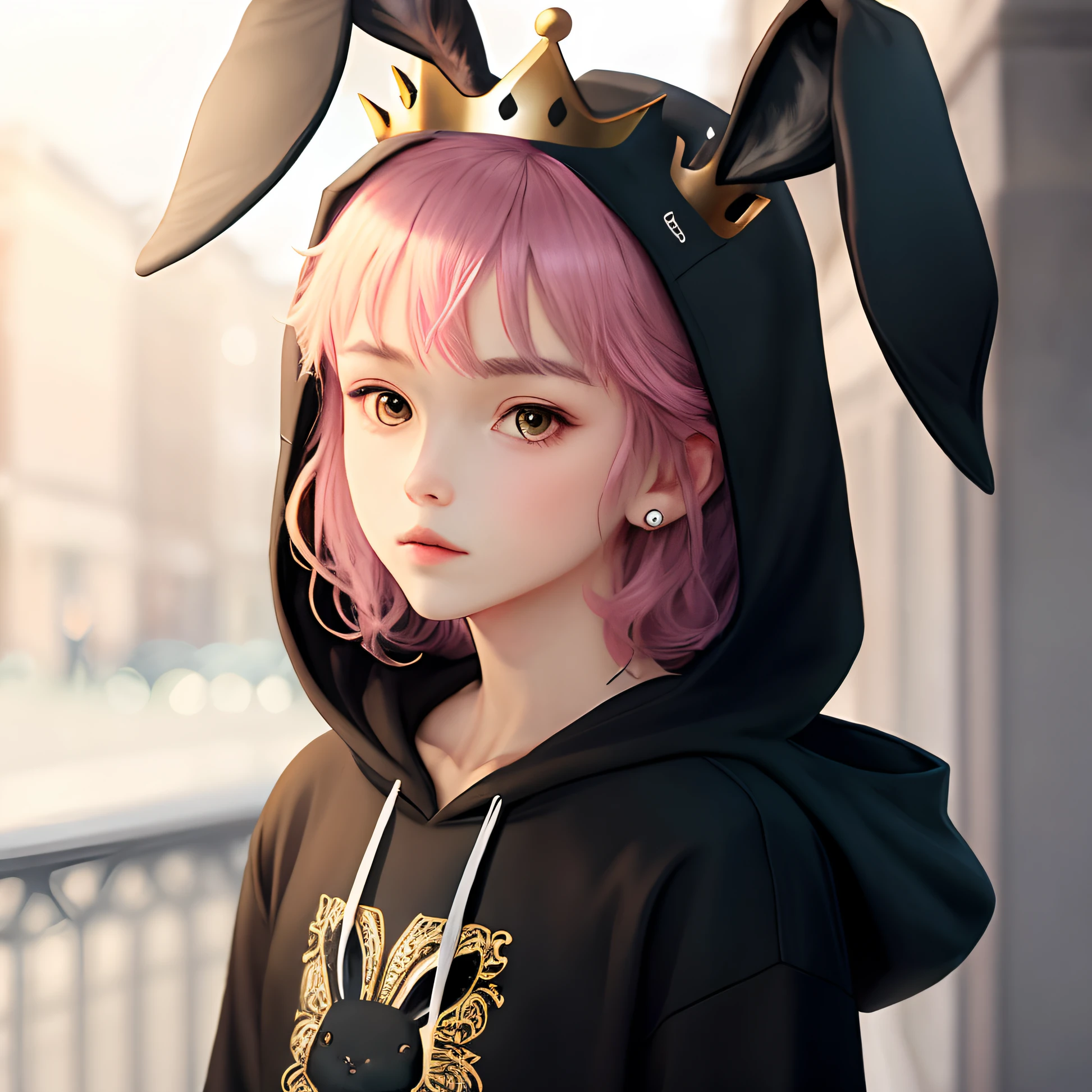 Black bunny wearing a crown and a black hoodie