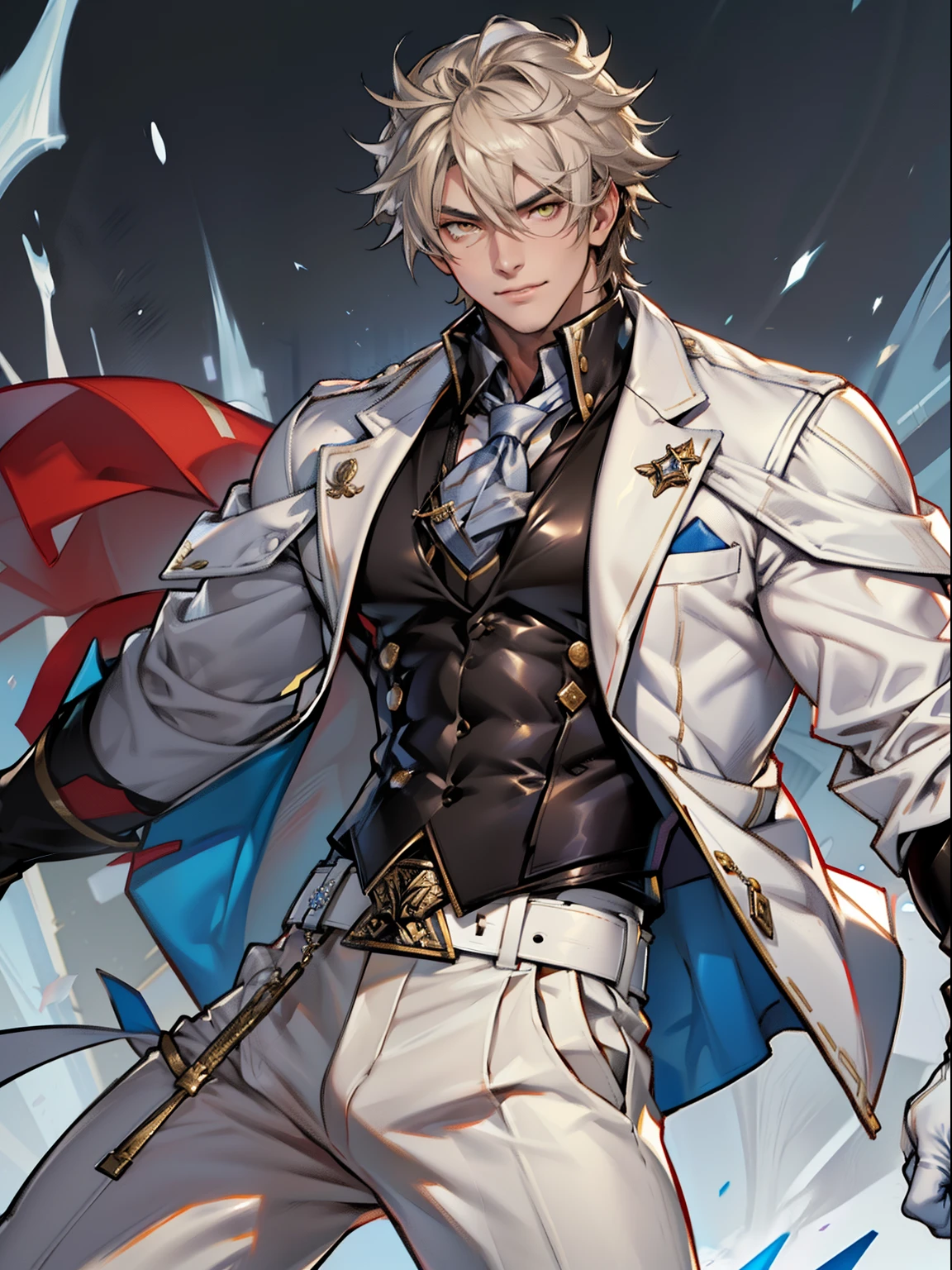 tmasterpiece,Best quality at best,(Genshin Impact),mitts,Bulging muscles,(white business suit,Casual wear tie)Pectoral muscle bulge,White gloves,Abs,malefocus,1boy,White gloves,独奏,Brown hair,Yellow eyes,blue capelet,hair between eye,((Bulging crotch)),Sexy,(Masterpiece, Best quality),(white business suit),self-assured,having fun,big laughter,white pantie, stand-up collared shirt, tiese, waistcoat, Open thickened glossy white leather jacket, Eight-pack abs, White leather mobile phone gloves, White trousers, Leather belt, spreading long thin legs, The erection, The large,with testicles, Masturbation,