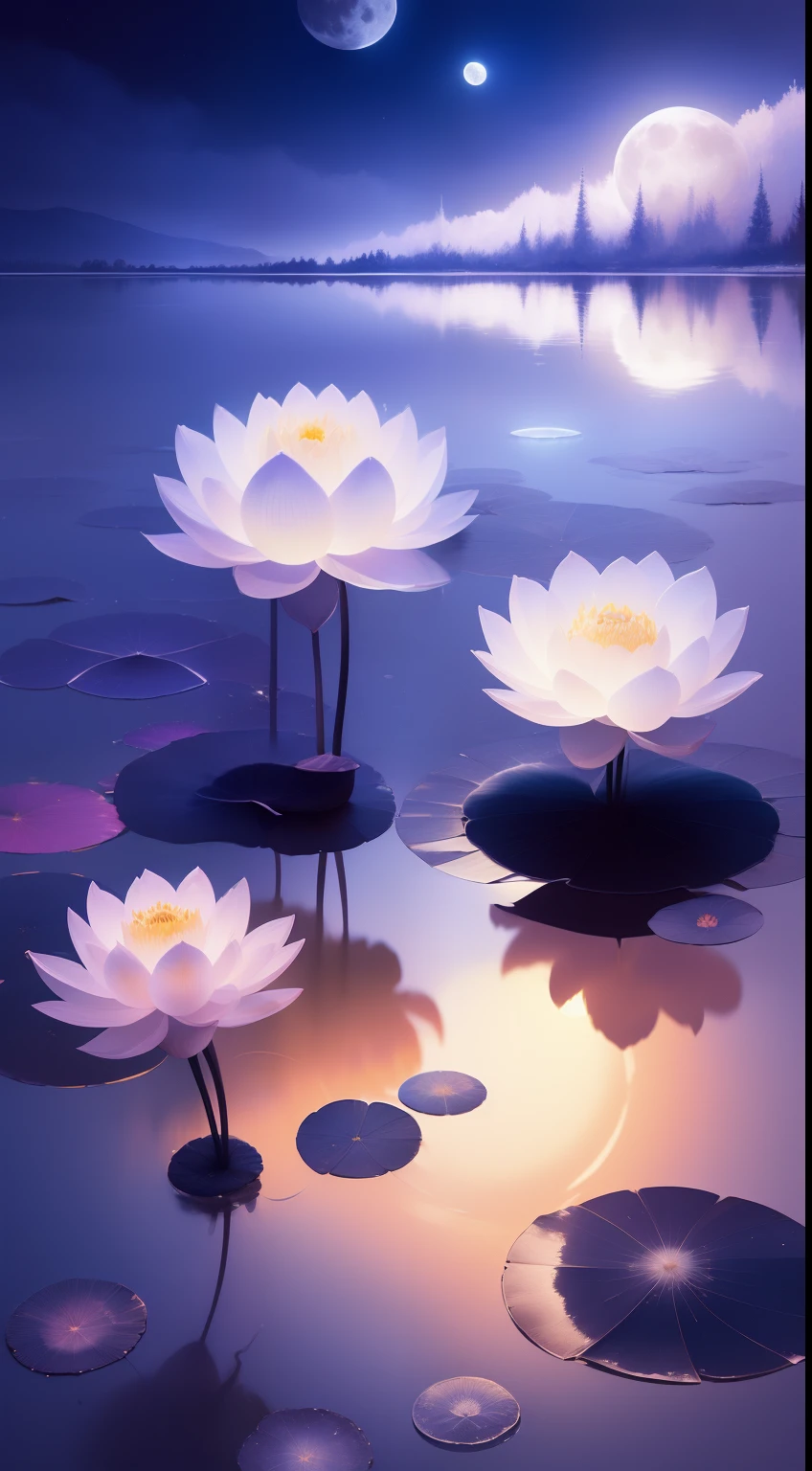 (((the night))),(((the huge moon))),Moonlight reflected on the surface of the water,lotus flower,Huge pond,Faraway view,Wide world,inverted image,Water streaks