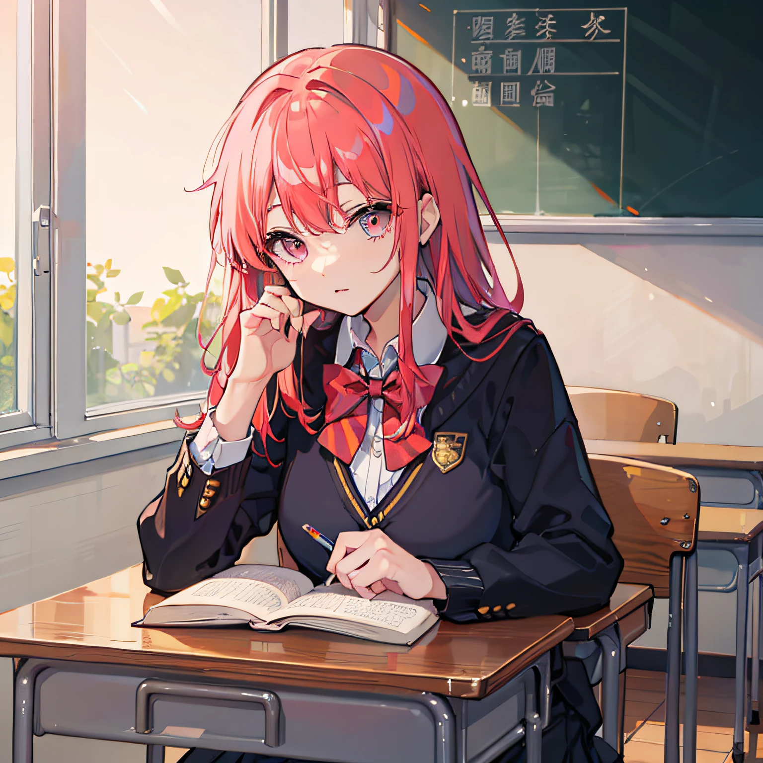 Beautiful woman　Studying　Focused face　on desk　Inside the classroom　By morning　with light glowing　Morning view　Test Preparation　Pupils　red hairs