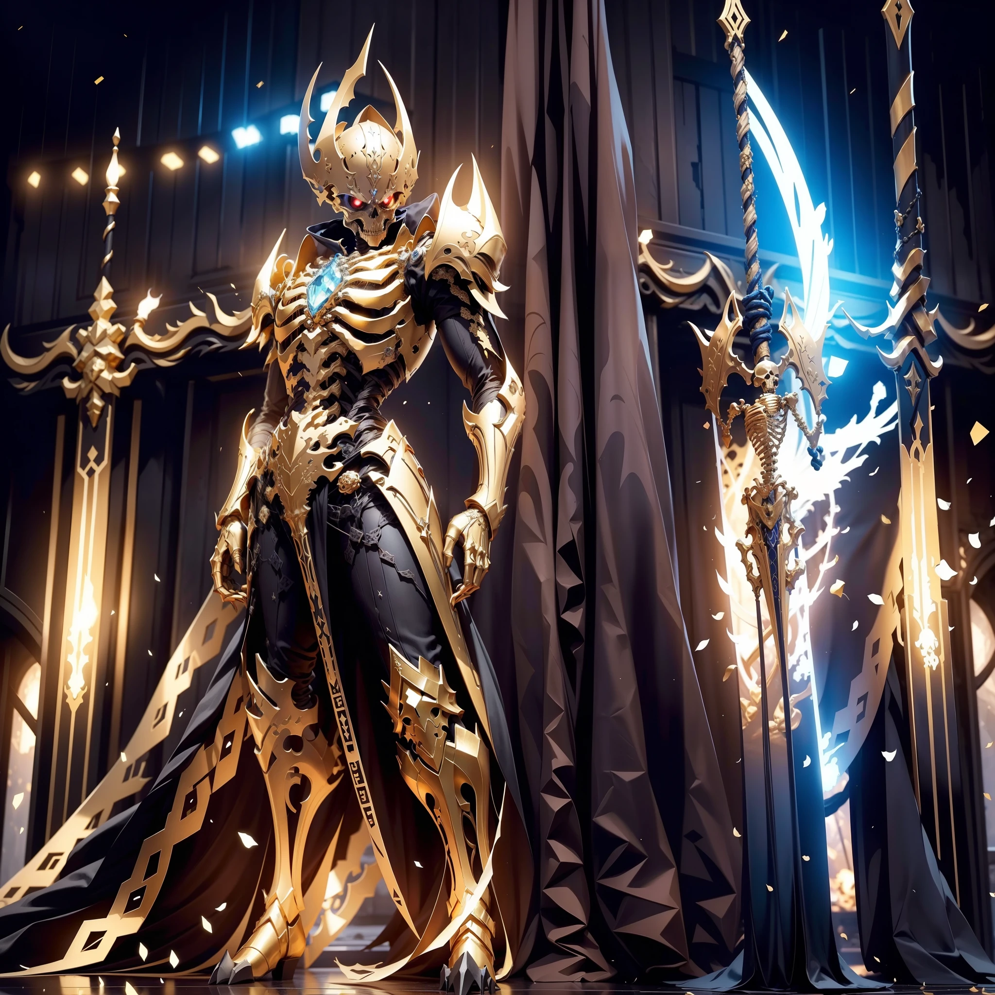 Golden skeleton necromancer with a giant staff, with minions skeleton, perfect image, perfect picture, (((8k quality))), (((curate))), 4k quality, best quality.