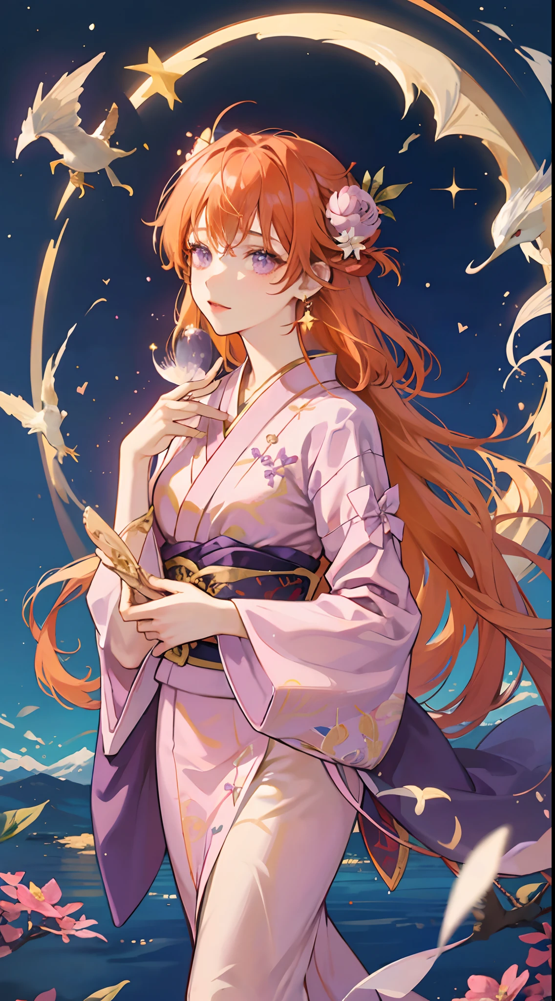 falling star background,1girl, long hair, orange hair, purple eyes, purple kimono, japanese clothes, solo, fish, sword, long hair, looking at viewer, wide sleeves, bubble, hair flower, earring, pendant, angel wings, standing, holding, bangs, animal, air bubble, water splash, best quality, high quality, highres, 4K, ultra details, finely detail, an extremely delicate and beautiful,