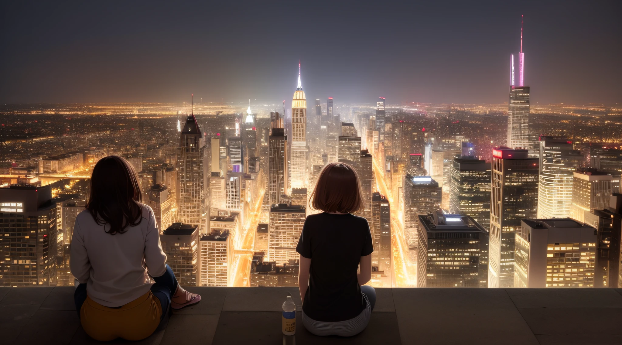 (Momento Reflexivo) Desenhe duas meninas sentadas em uma janela ampla, overlooking the city at night. Its silhouettes are highlighted against the bright lights of the city. Both are impregnated with deep thoughts, olhar para fora com seriedade, olhares focados. The scene suggests that they are contemplating their lives, sonhos ou desafios. The illuminated city in the background adds a touch of context to the scene.