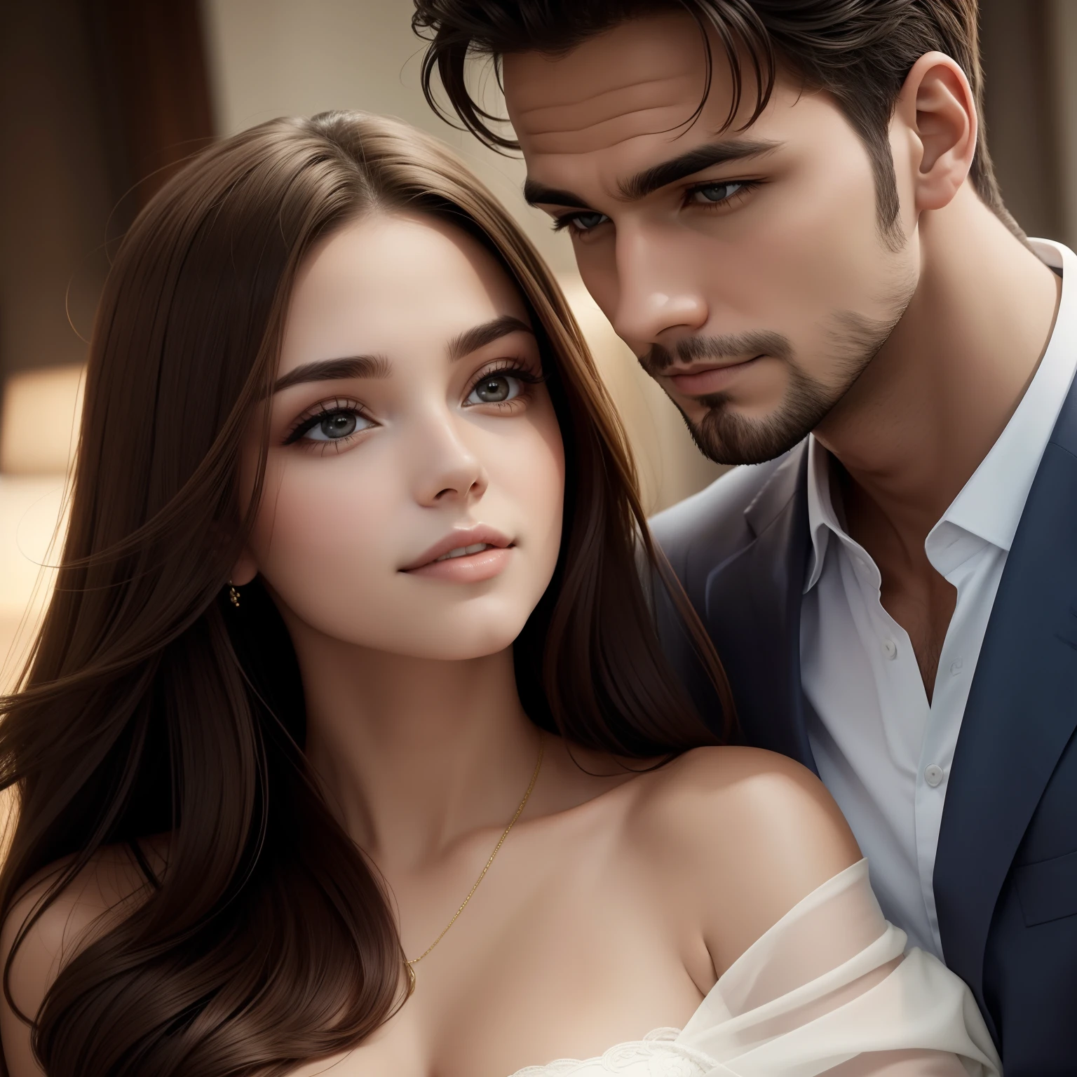 Beautiful woman hugging a handsome man. The man is looking at the camera, The woman is looking to the side. qualidade perfeita.
