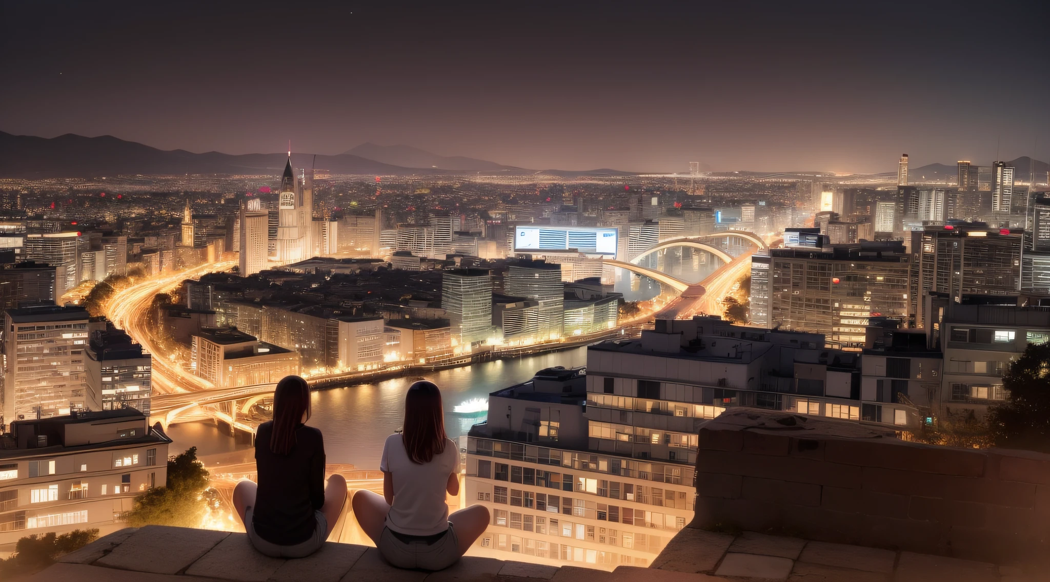 (Momento Reflexivo) Desenhe duas meninas sentadas em uma janela ampla, overlooking the city at night. Its silhouettes are highlighted against the bright lights of the city. Both are impregnated with deep thoughts, olhar para fora com seriedade, olhares focados. The scene suggests that they are contemplating their lives, sonhos ou desafios. The illuminated city in the background adds a touch of context to the scene.