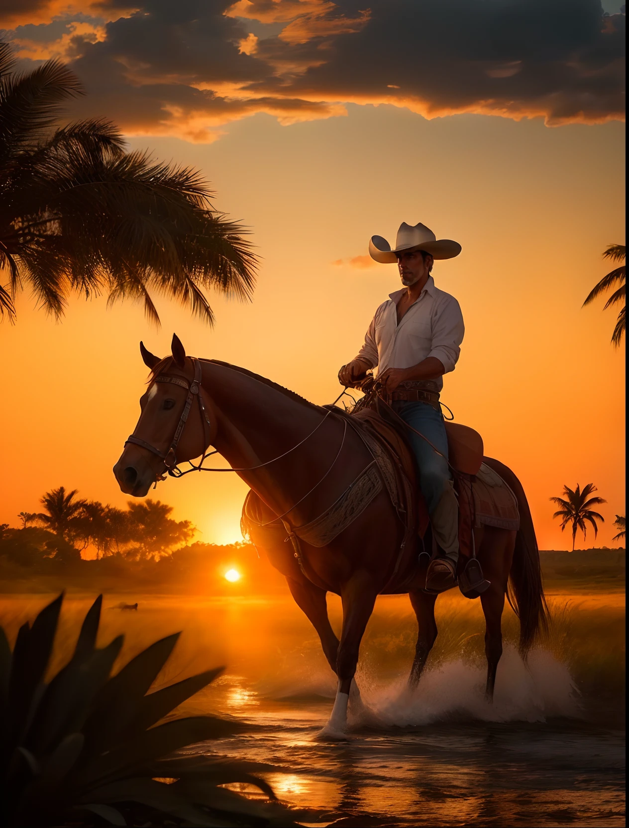 araffe riding a horse through a body of water at sunset, mexican vaquero, 🐎🍑, riding horse, riding a horse, in the sunset, cowboy style, ride horse, horse rider, cowboy, cowboy dream, going forward to the sunset, symmetry!! portrait of a cowboy, western art, cowboy on the range, at the sunset