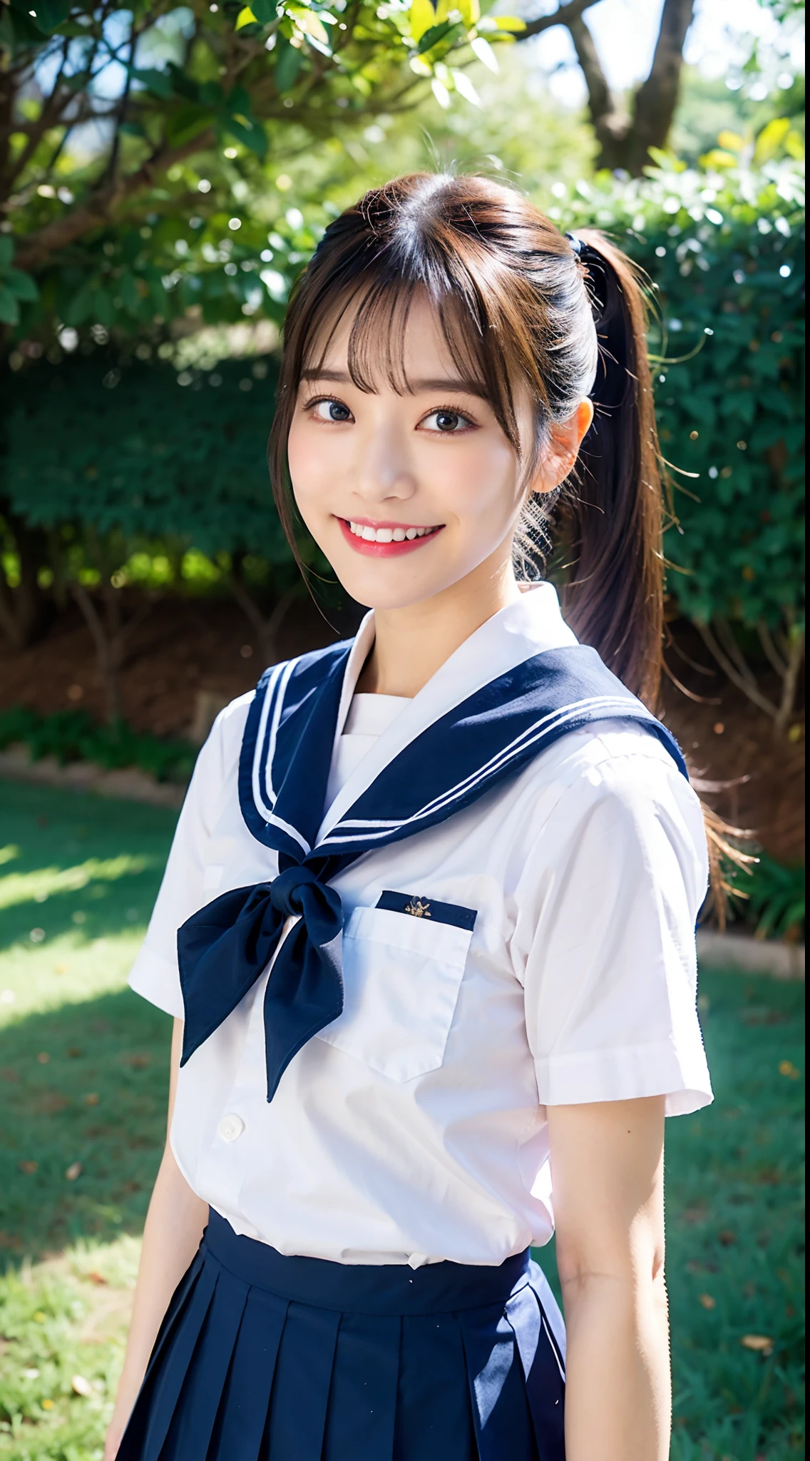 neat college girl, (school uniform, sailor uniform, ribbon tied at chest, summer clothes, upper body white, skirt dark blue, short sleeves), outside the athletic field, (slim), photorealistic, detail, skin texture, ultra detail, delicate and sexy collarbone, smile, super detailed face, detailed lips, detailed eyes, double eyelids, small breasts, small breasts, small, flat breasts, breast emphasis