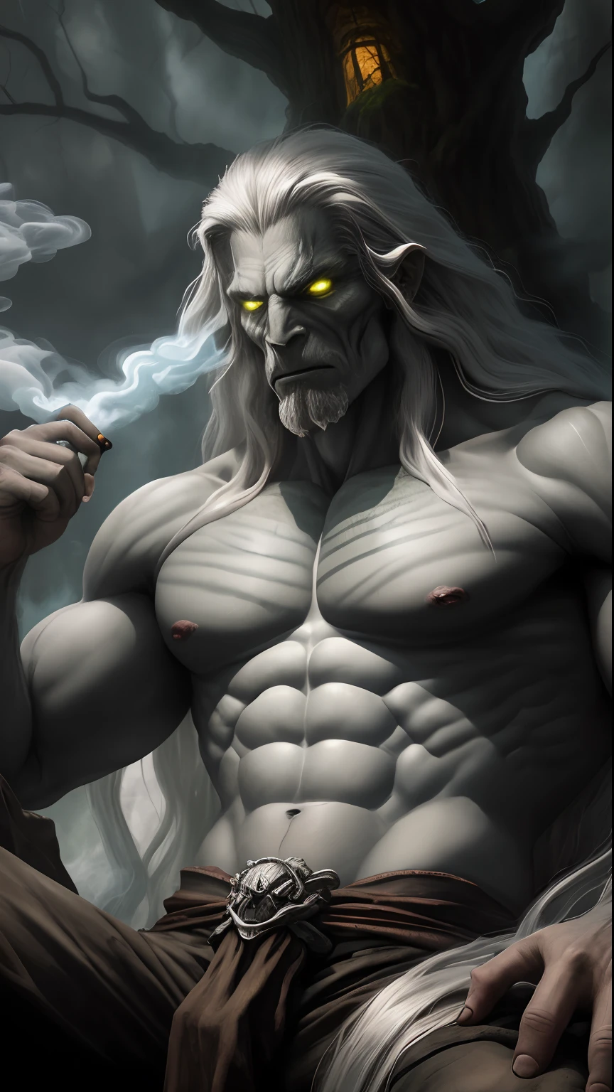 "scary giant humanoid creature with a long gray hair, his eyes are color green, muscular, amulets around his waist smoking a cigarette, reclining on a weathered, towering tree with a dark backdrop, smoke billowing around, emphasizing the detailed shadow, in high resolution and hyperrealistic style."