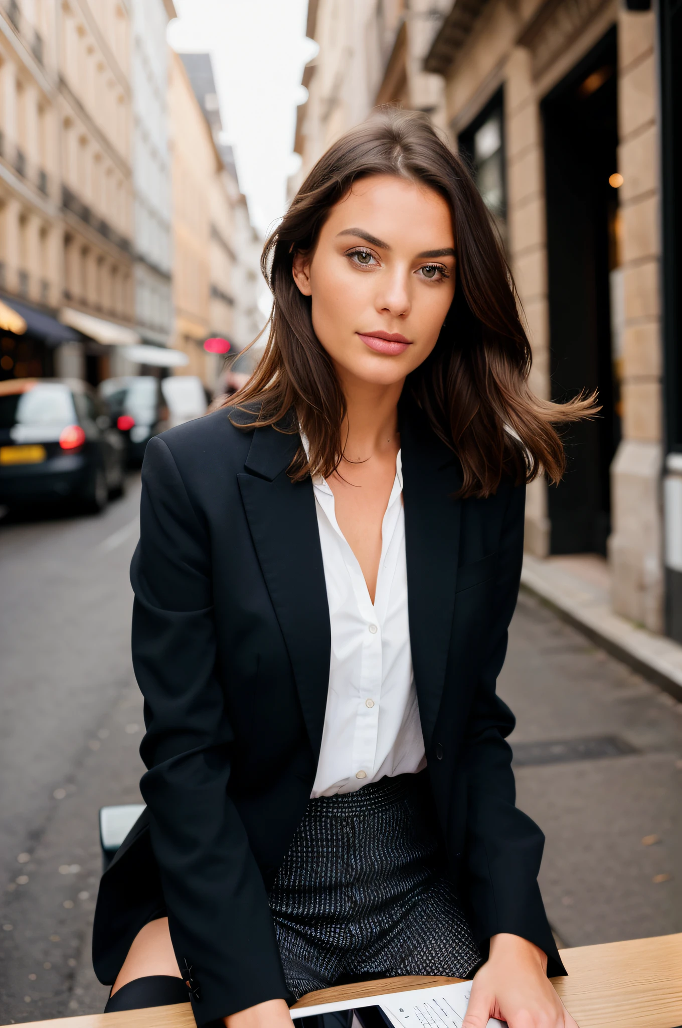 junge frau 36 anos, Selbstbewusster Blick Business-Stil, mit Bege-Anzug, an einem Tisch vor dem Computer sitzen, mit schulterlangem Brauenhaar, gezogene Lippen, braune Augen, Beautiful woman, walking down França Street and looking at the camera, 8K, Fotos von Hasselblad + Unglaublich detailliert, Sharpness, Details + Professionelle Beleuchtung, Fotografische Beleuchtung + 50mm, 80mm, 100m + Lightroom-Galerie + Behance-Fotografie + Unsplash --AR 2:3 - (fast)