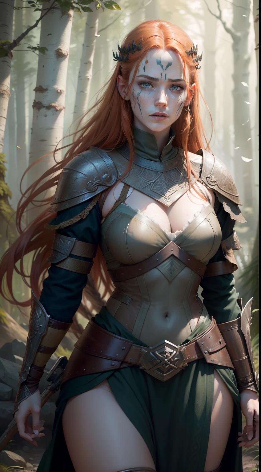 Rule of thirds, An extremely Beautiful Woman, pale skin, ginger-hair, Celtic Warrior, Blue weathered War face-paint Birch forest, gritty sharp focus, intricate, digital painting, highly detailed, high detailed face, soft lighting, vibrant colors, masterpiece