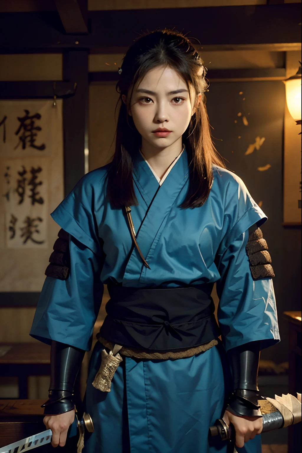 c4ttitude, samurai, vigilant, Yeux en amande, furrowed brow, fourrure lisse, guerrier, disciplined, focused, Armored kimono, Guarded cover, acier, pattes griffues, Katana, feudal Japan, rue, honorer, duel, Confrontation scene,