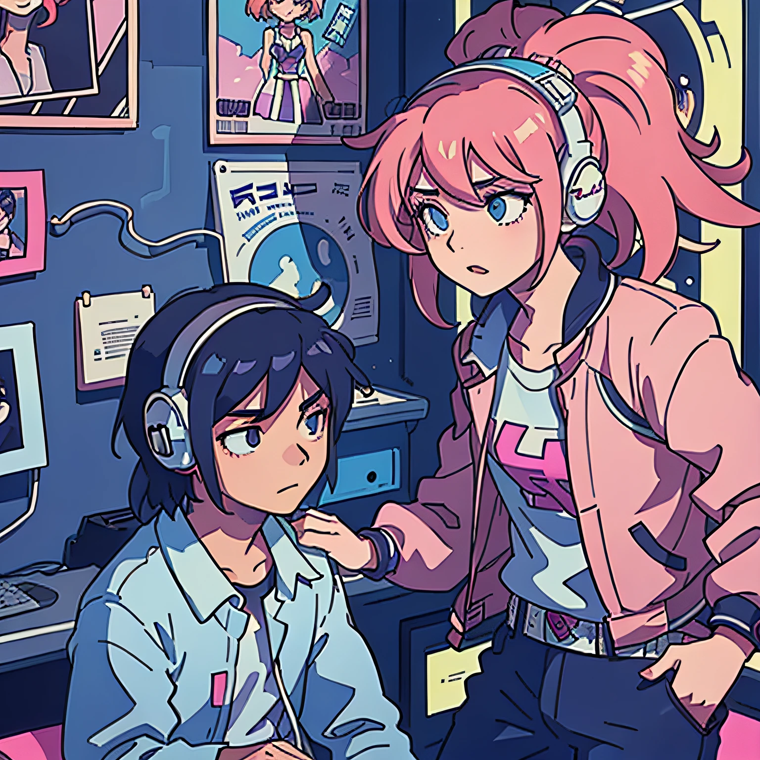 a girl and a boy listening the song together with headphone in a room full of 80s style anime and posters in neon tones and looking together