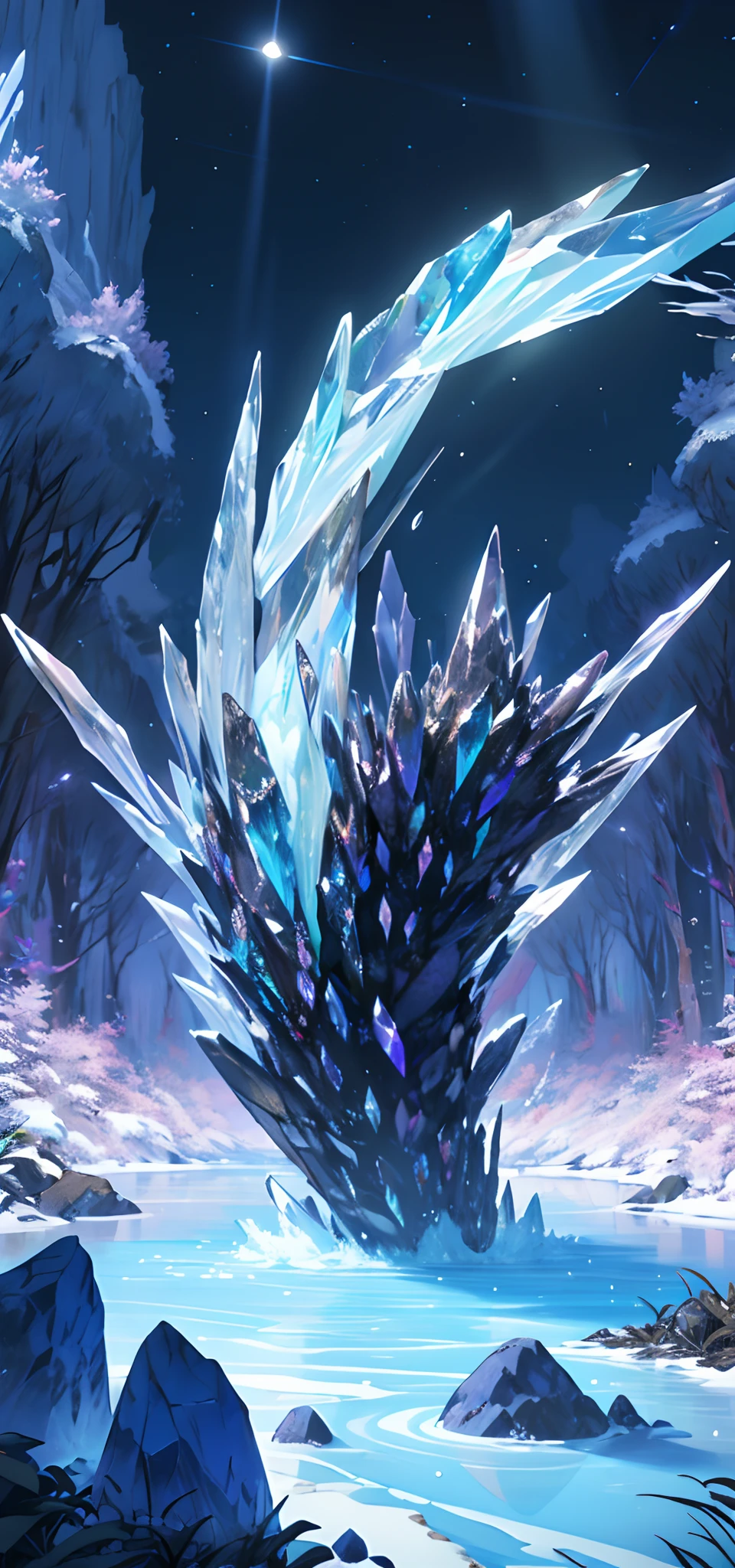 9(masterpiece,bestquality),Land of Crystals,ice field,bright,Shimmering like a diamond, it shines like a crystal,Bright and vivid colors,(depth of fields:1.2),the night,Holy,Light-sensitive,crystal