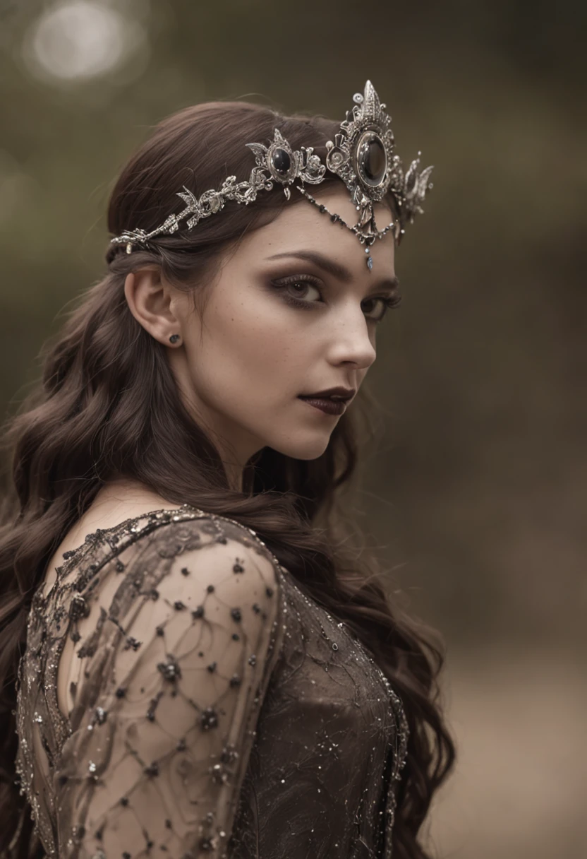 high quality half length portrait,  RAW photo of  european  nymph, warrior, beautiful, attractive, very pretty face, accurate face, detailed face, jeweled headband, small breasts, topless, long dark blue hair, hair blowing in the wind,  brown eyes, heavy dark makeup, dancing in the moonlight, erotic, sensual, forest, ((night)), filtered moonlight, (glowing silver skin texture), detailed textures, soft focus, low light, muted colors of night,  short depth of field, bokeh background, arm band, bracelets, thigh band, neck chain, ultra high pixel detail, cinematic, intricate, cinematic light,  realistic, movie scene, cinematic, high quality,e, full colors, incredibly detailed, 4k, 8k, erotic, gothic, bdsm,