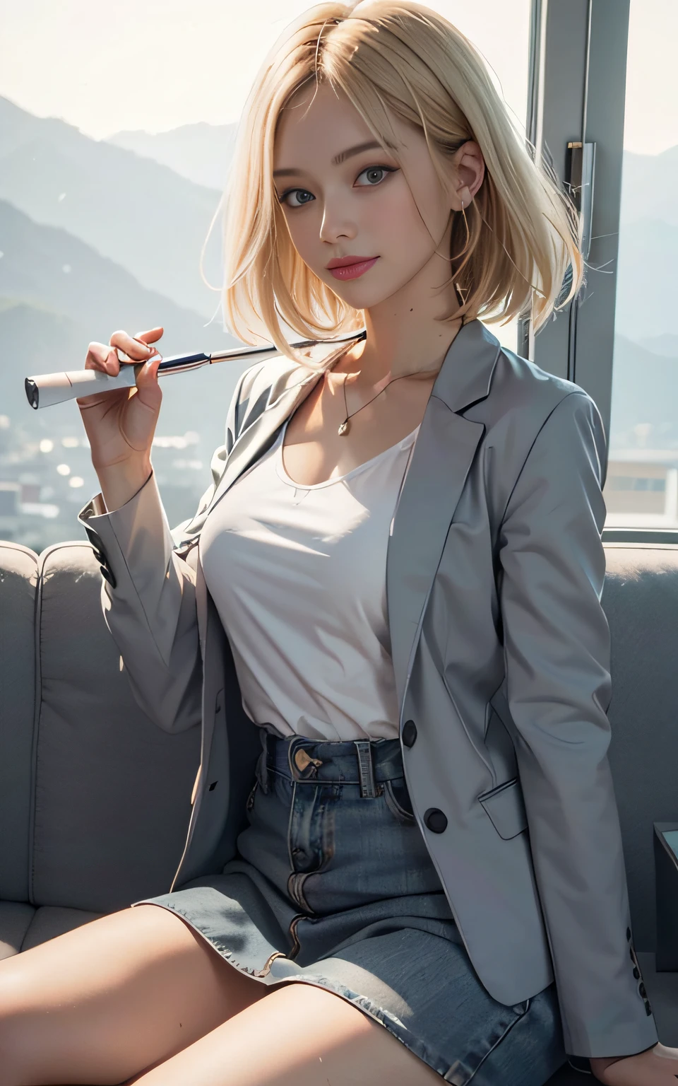 （8K， best qualtiy， tmasterpiece： 1.2）， （photorealestic， realisticlying： 1.2）， adolable， 独奏， The sky is beautiful and clear， the night， dampness， watch audience， （Sat down： 1.5）， Date， mirai， （nose brush），（ssmile：1.15），（Mouth closed）little breast，Delicate eyes，（Deep blonde：1），（short detailed hair：1.1），Floating hair NovaFrogStyle， grey blazer，Button T-shirt，blackminiskirt，putting makeup on，（8K, yes，RAW photos：1.2），