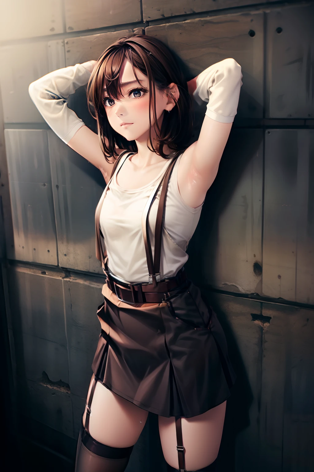skirt by the, Tank Tops suspenders, Brown hair short, Gray eyes, Garter belt on the legs, Big and tight clothes, a belt Armpit sweat deadpan