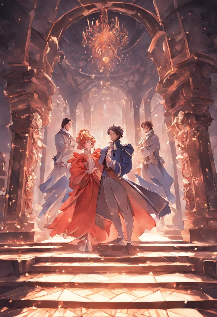 The play The Marriage of Figaro is on the scene, {no palco (1 actress in full growth in the image of the Countess Almaviva), (1 actor in full growth in the image of Figaro), (1 actor in full growth in the image of Count Almaviva)}, (((em comprimento total::))), High :: detalhe ::, estilo romantismo, RococoStyle :: Estilo, Barroco :: Estilo