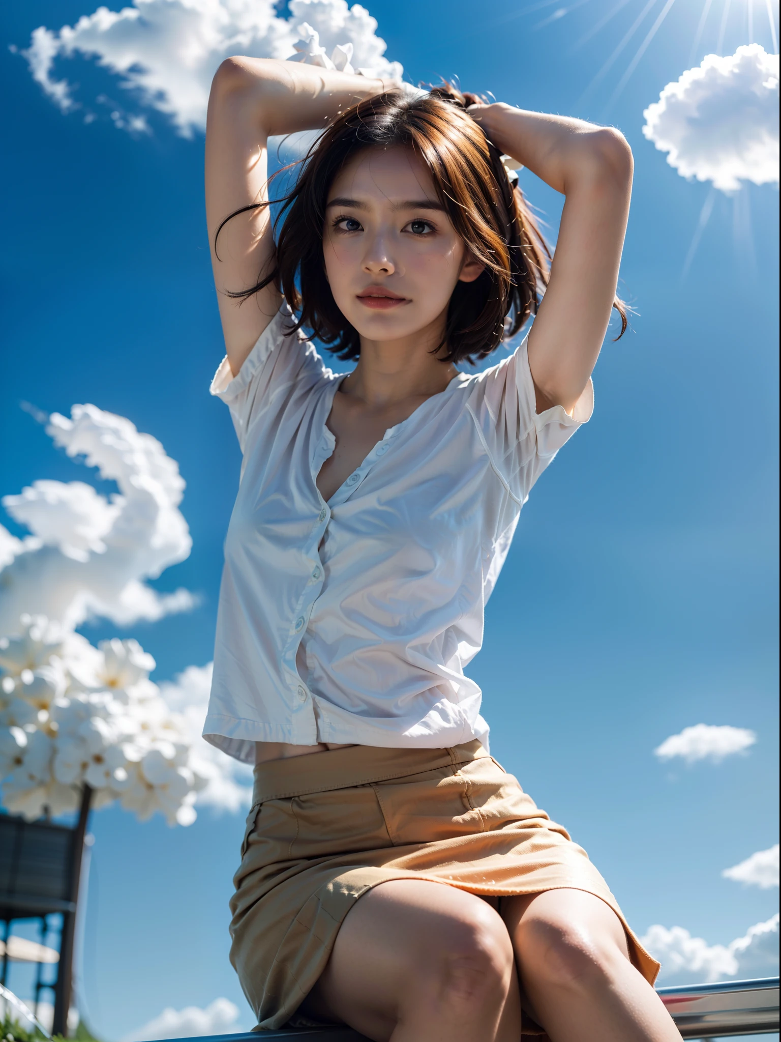 ((of the highest quality, 8K, masutepiece: 1.3, Raw photo)), Sharp Focus: 1.2, (1 AESPA Girl: 1.2), (Realistic, Photorealistic: 1.37), (Face Focus: 1.1), Cute face, Small breasts, flat chest, Short hair, (White clothes: 1.1), Skirt, Sitting, Arms up, From below, Sunlight, Movie Lighting, A beautiful girl with her hair blowing in the wind under the blue sky with white clouds