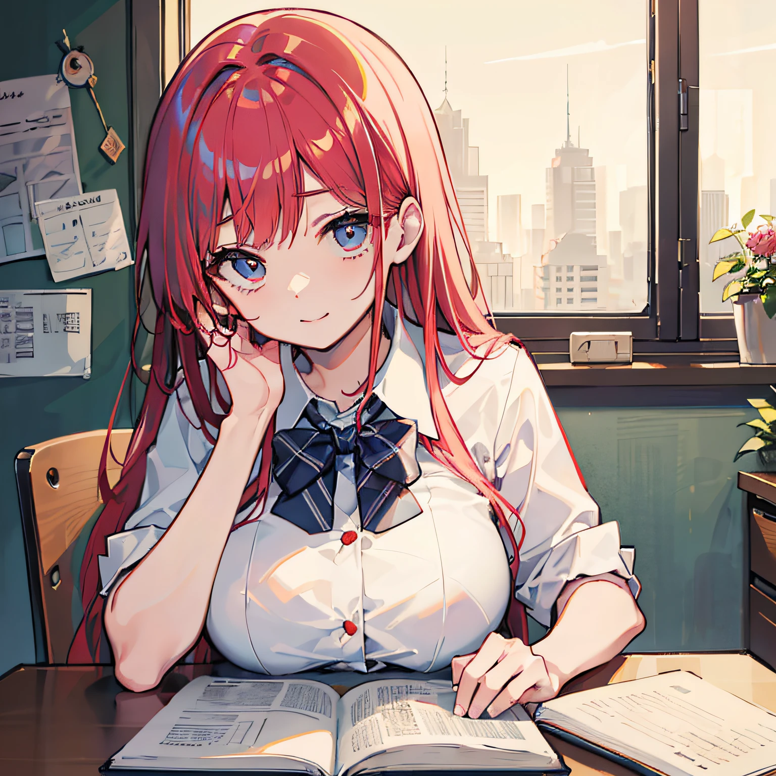 Beautiful woman Studying Focused face on desk inside in room By morning with light glowing Morning view Test Preparation Pupils red hairs Studying Mathematics Colossal tits