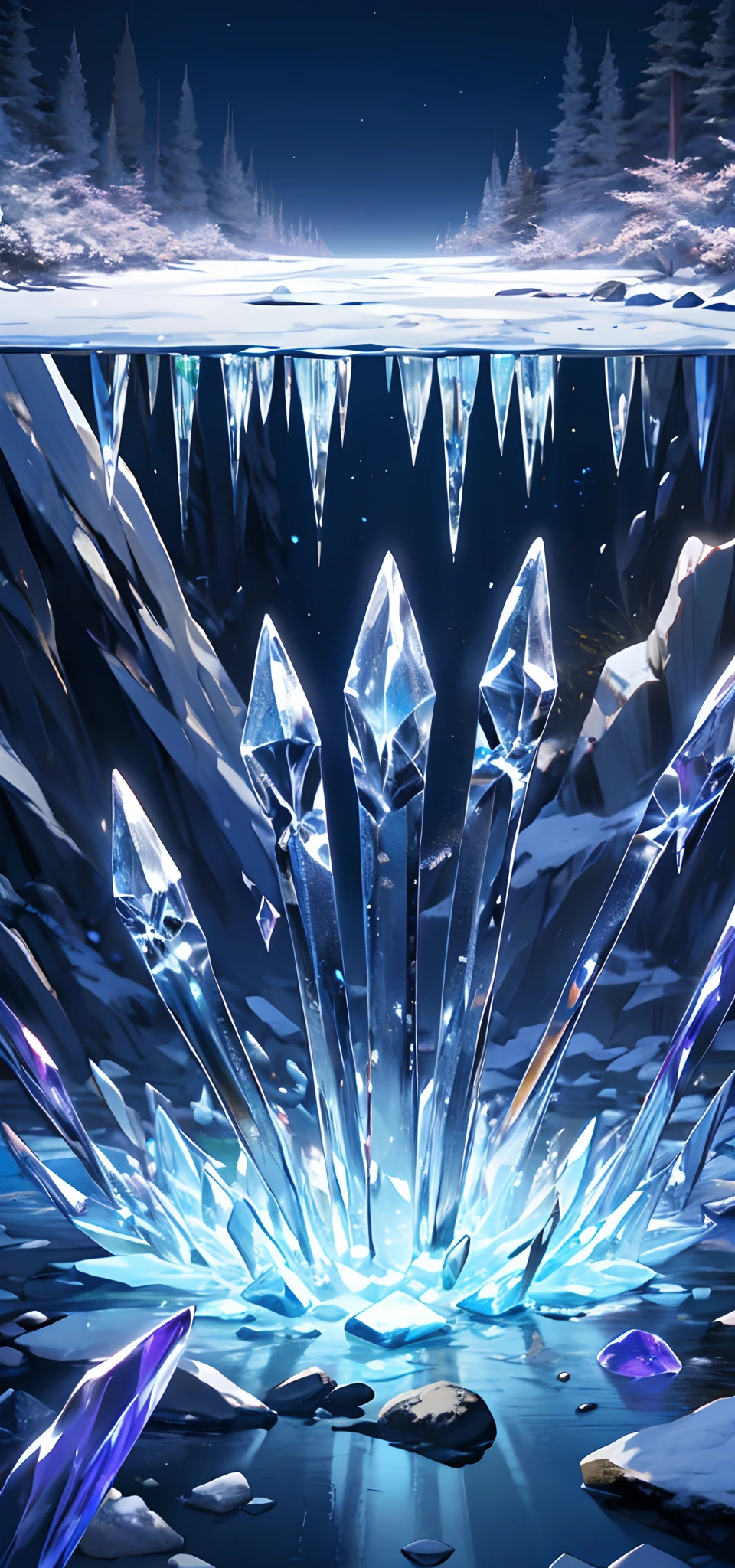 9(masterpiece,bestquality),Land of Crystals,ice field,bright,Shimmering like a diamond, it shines like a crystal,Bright and vivid colors,(depth of fields:1.2),the night,Holy,Light-sensitive,crystal