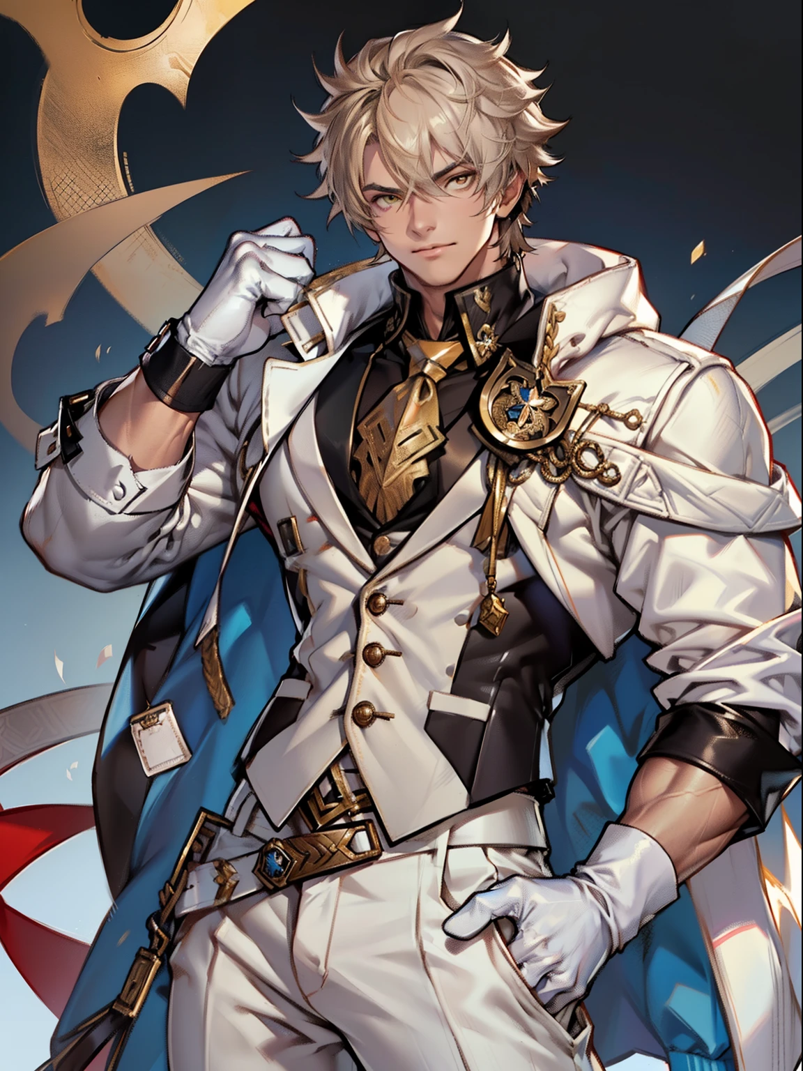 tmasterpiece,Best quality at best,(Genshin Impact),mitts,Bulging muscles,(white business suit,Casual wear tie)Pectoral muscle bulge,White gloves,Abs,malefocus,(The upper body exposes the abs),1boy,White gloves,独奏,Brown hair,Yellow eyes,blue capelet,hair between eye,((Bulging crotch)),Sexy,(Masterpiece, Best quality),(white business suit),self-assured,having fun,big laughter,white pantie, stand-up collared shirt, tiese, waistcoat, Eight-pack abs, White leather mobile phone gloves, White trousers, Leather belt, spreading long thin legs, The erection, The large,with testicles, Masturbation,