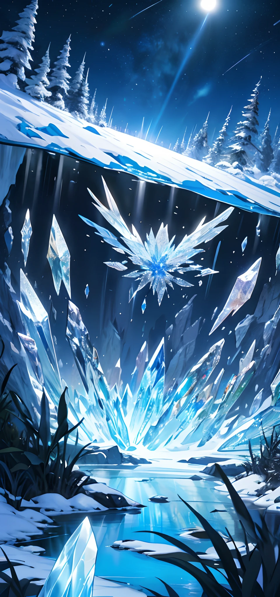 9(masterpiece,bestquality),Land of Crystals,ice field,bright,Shimmering like a diamond, it shines like a crystal,Bright and vivid colors,(depth of fields:1.2),the night,Holy,Light-sensitive,crystal