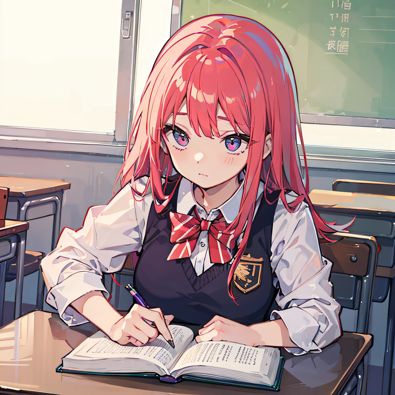 Beautiful woman Studying Focused face on desk Inside the classroom By morning with light glowing Morning view Test Preparation Pupils red hairs