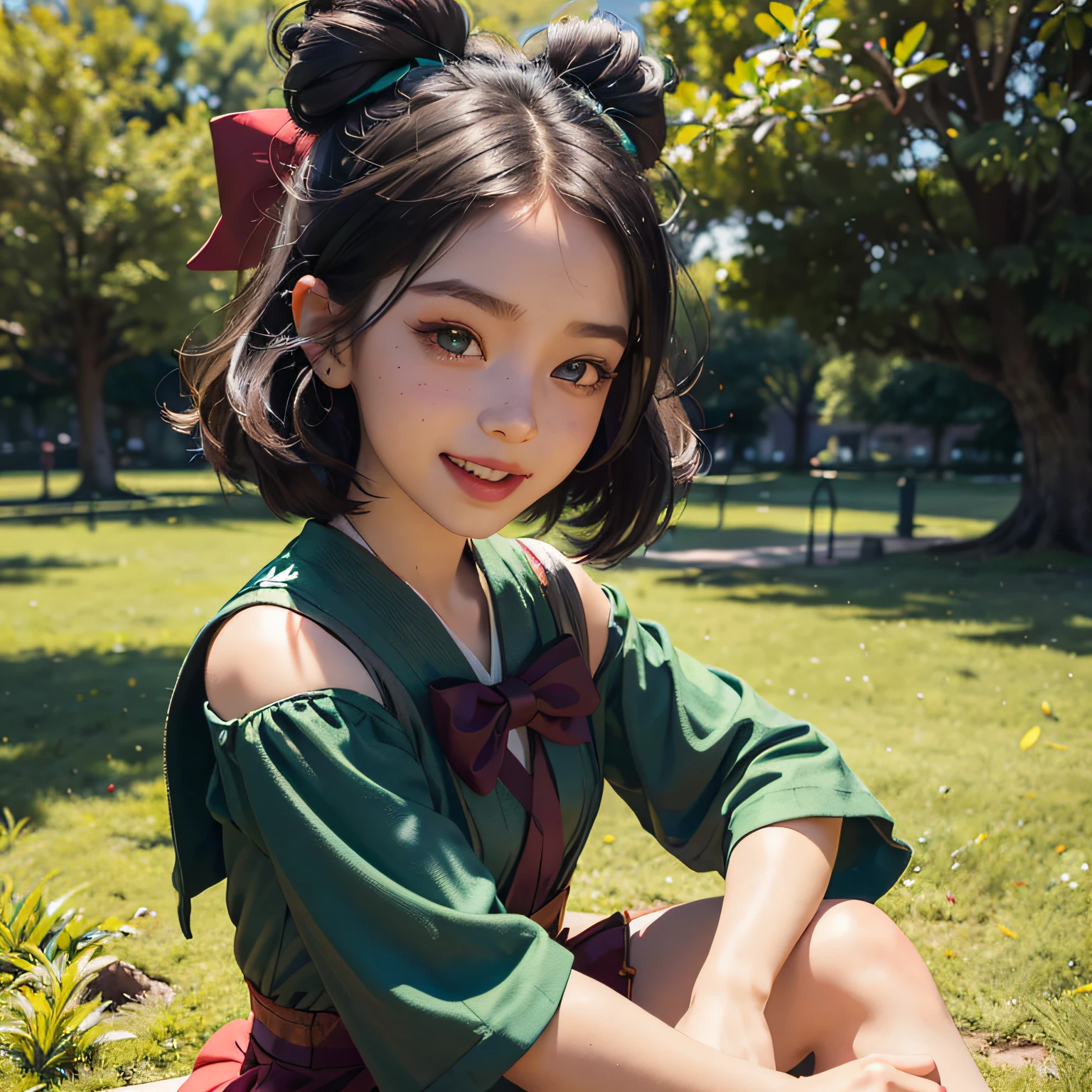 a lovely kid gi Stylish,Delicate makeup,Sit on a tree, With incredible details,cheerfulness,open mouth smile,short and black hair, Red bow, green eyes,C4D, 8K, OC renderer, Best quality,Light and dark contrast, Detail art, hyper HD, Cartoon star hair accessories,outstanding,blindbox,Mulan