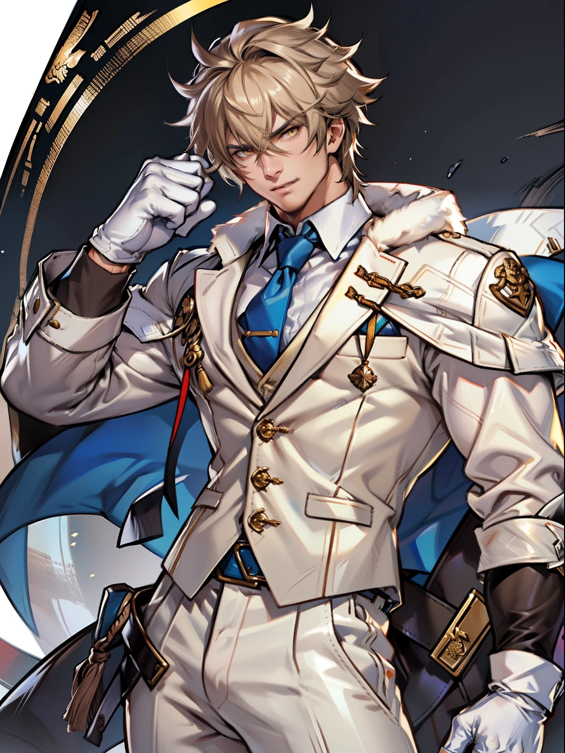 tmasterpiece，Best quality at best，（Genshin Impact），mitts，Bulging muscles，(white business suit，Casual wear tie）Pectoral muscle bulge，White gloves，Abs，malefocus，（The upper body exposes the abs），1boy，White gloves，独奏，Brown hair，Yellow eyes，blue capelet，hair between eye，（（Bulging crotch）），Sexy,(Masterpiece, Best quality),（white business suit），self-assured，having fun，big laughter，white pantie, stand-up collared shirt, tiese, waistcoat, Eight-pack abs, White leather mobile phone gloves, White trousers, Leather belt, spreading long thin legs, The erection, The large，with testicles, Masturbation,