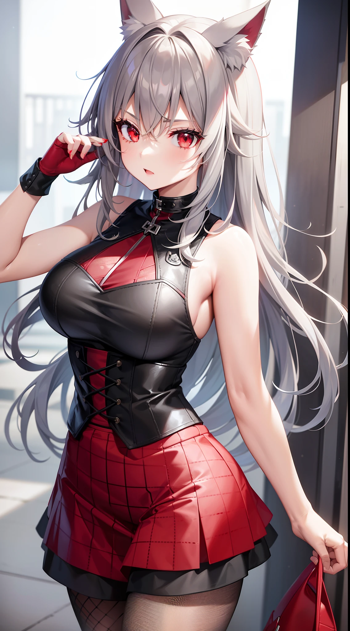 adult girl, middle length gray hair, red eyes, wolf ears, red tight top, sleeveless, fishnet tights, leather skirt, Masterpiece, hiquality