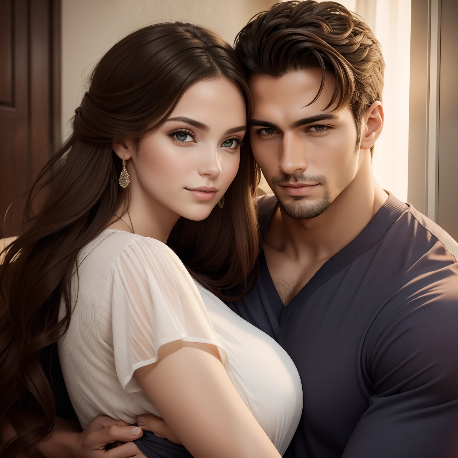 Beautiful woman hugging a handsome man. The man is looking at the camera, The woman is looking to the side. qualidade perfeita.