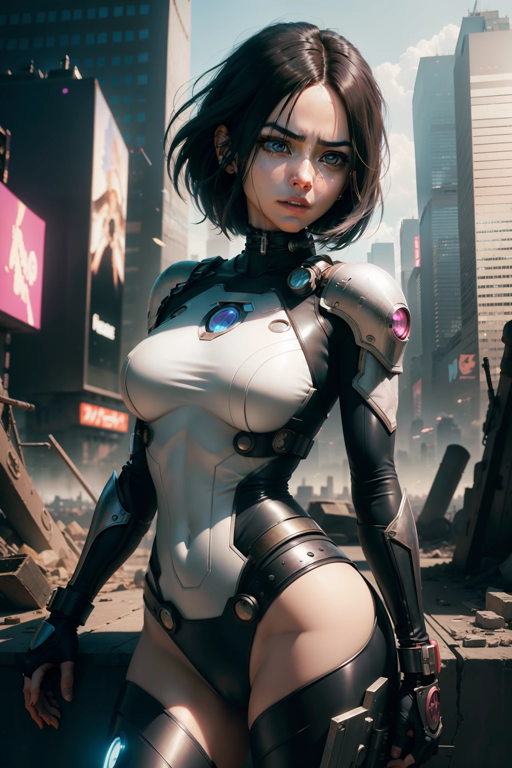 New York, time square, Alita, known as "Battle Angel", is the main character of the manga "Battle Angel Alita" created by Yukito Kishiro. She is a fearless cyborg with a mysterious past and exceptional combat skills. Endowed with great curiosity and compassion, Alita explores the futuristic city of Scrapyard in search of her true identity. Her angelic face contrasts with her determination and lethal skills as she fights mechanical and human threats, evolving both emotionally and physically over the course of the series. Alita embodies the fusion of humanity and technology, exploring themes of identity, justice and self-discovery, (Best Quality: 1.0), (Ultra Highres: 1.0), highly detailed face and eyes, (Photorealistic: 1.2)