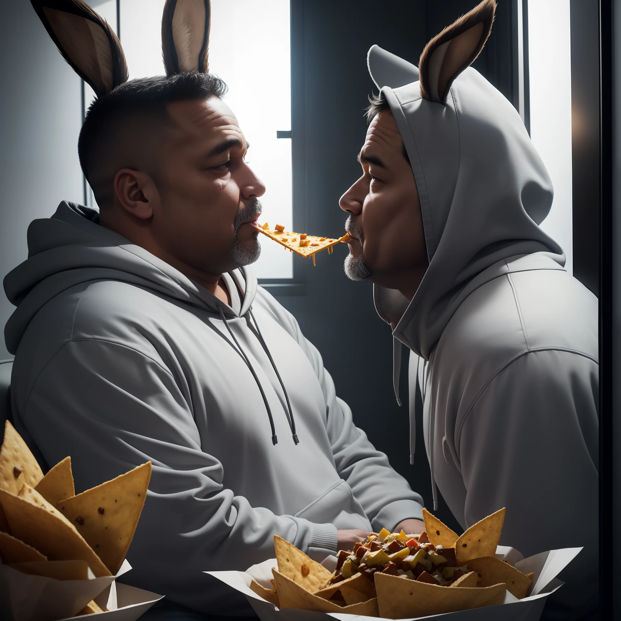 Side view, Close up of a middle age man eating crunchy nachos from a bag, overweight, dressed with a light grey hoodie with bunny ears, in front of a big computer screen. Dark Basement room with small window as background. lluminated by screen and natural light through an small window. Photorealistic.