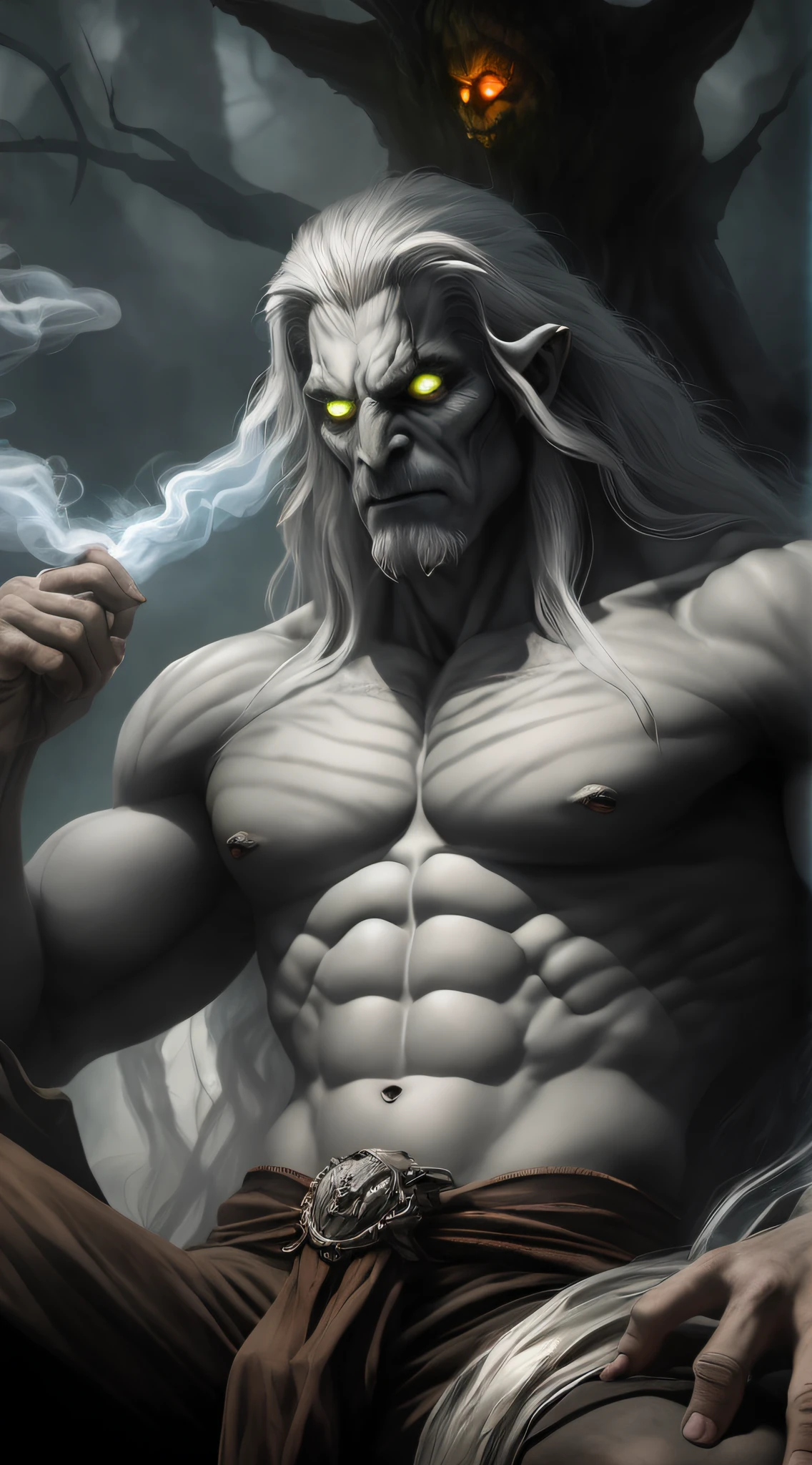 arafed man with a cigarette in his hand and a demon face on his chest, fit male demon with white horns, beautiful male god of death, furious god zeus, human male demon, man male demon, demon male, concept art. smoke, the god hades, beautiful male drow, portrait of hades, male djinn man demon hybrid