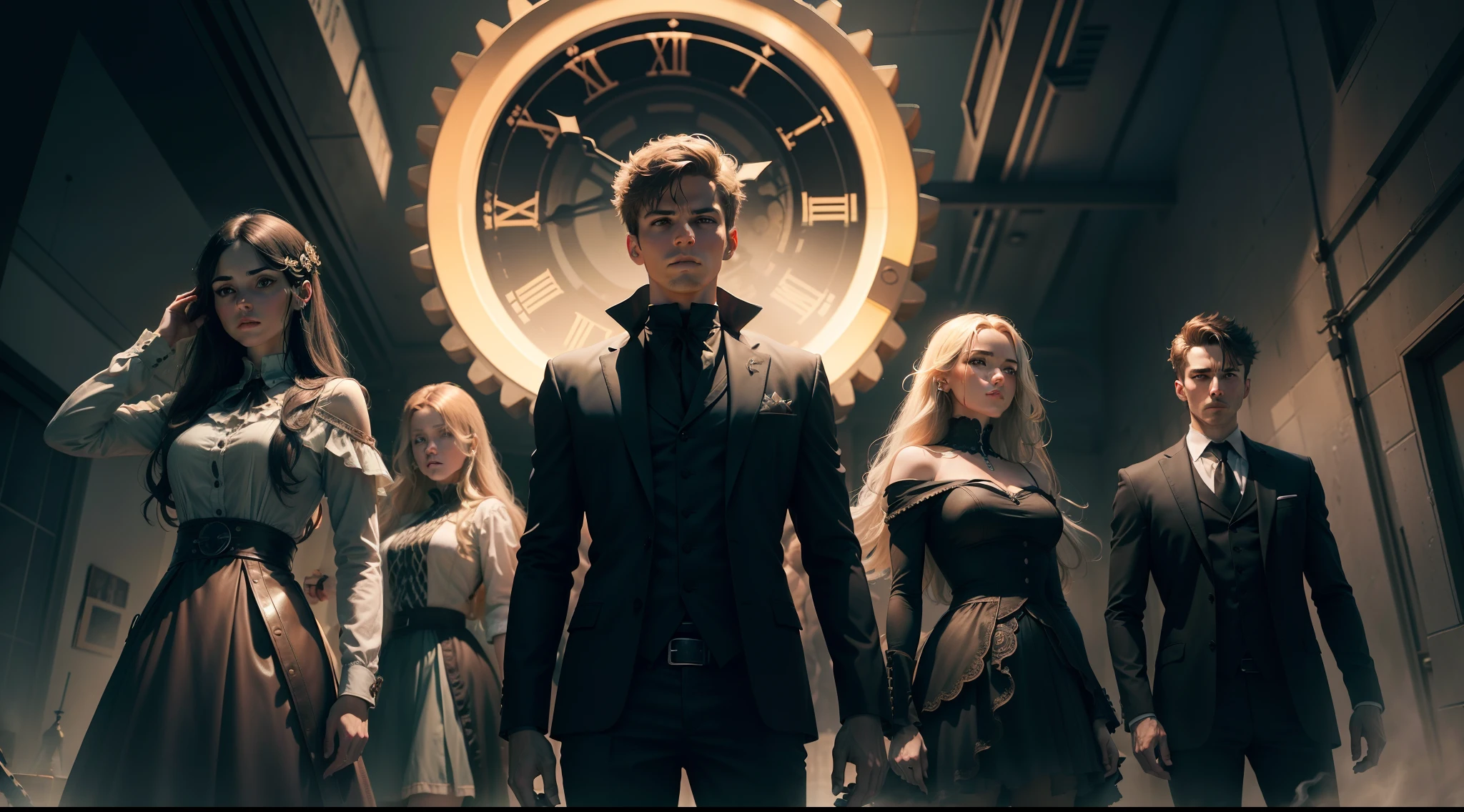 title: "chronos: Untie the gears of time"
Create fun and engaging images for video thumbnails based on short stories "chronos: Untie the gears of time". Images should capture the essence of time travel, Elements of gears and clocks are mixed with futuristic and mysterious elements. Add bright lights and deep shadows，Create a suspenseful atmosphere. Includes photos of the four protagonists - Dr. Julian Kessler, Eva Reynolds, Alexander Falk and Victoria Sutherland - to convey a gesture of determination and reflection. In the center of the image, Highlight the Eternal Clock as the focal point, Radiates time energy. The colors should be rich and contrasting，to attract attention. The image should capture mystery, Adventure, and the discoveries that permeate the story.