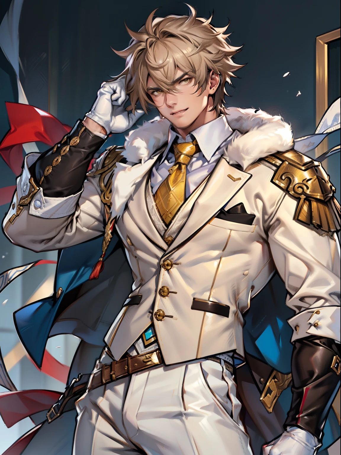 tmasterpiece,Best quality at best,(Genshin Impact),mitts,Bulging muscles,(white business suit,Casual wear tie)Pectoral muscle bulge,White gloves,Abs,malefocus,(The upper body exposes the abs),1boy,White gloves,独奏,Brown hair,Yellow eyes,blue capelet,hair between eye,((Bulging crotch)),Sexy,(Masterpiece, Best quality),(white business suit),self-assured,having fun,big laughter,white pantie, stand-up collared shirt, tiese, waistcoat, Eight-pack abs, White leather mobile phone gloves, White trousers, Leather belt, spreading long thin legs, The erection, The large,with testicles, Masturbation,