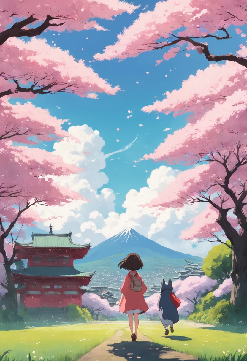 "Create a movie poster inspired by Hayao Miyazaki's Spirited Away, showcasing Chihiro Ogino and Kaonashi in a mesmerizing cherry blossom field."