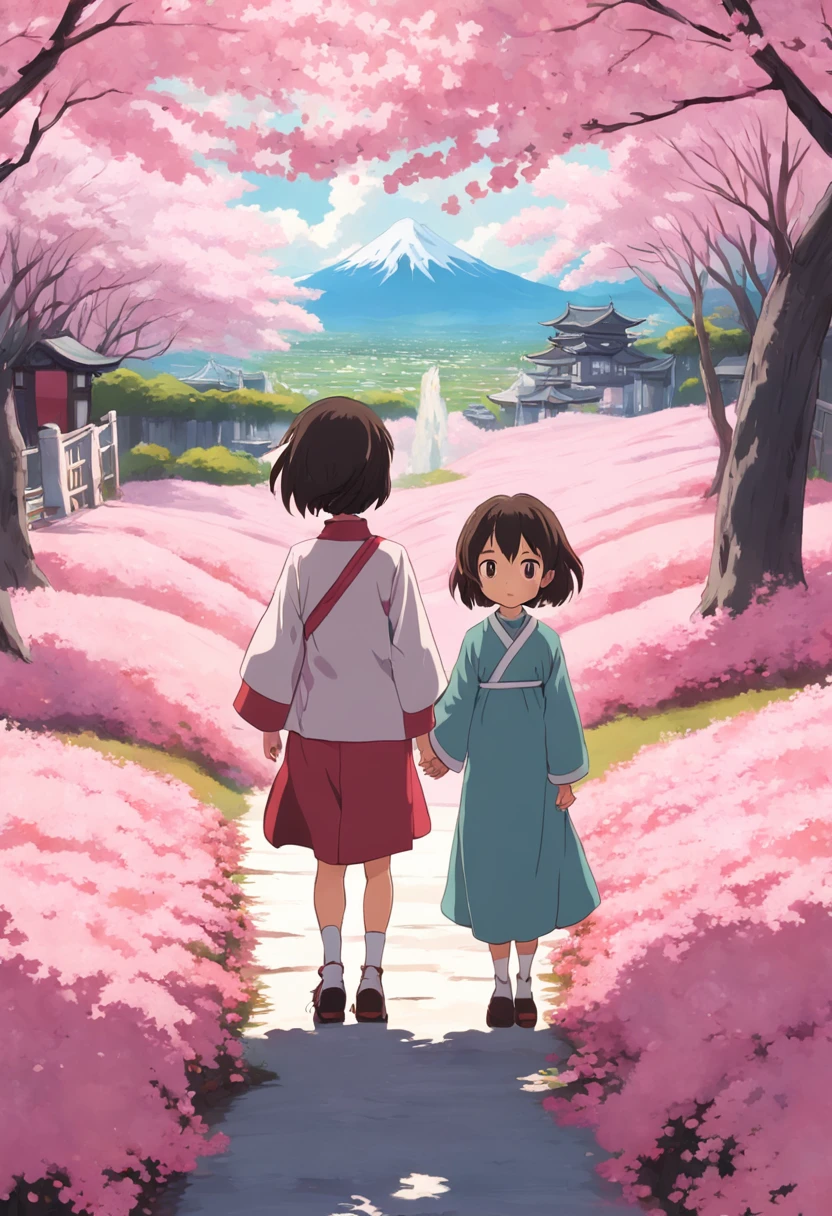 "Create a movie poster inspired by Hayao Miyazaki's Spirited Away, showcasing Chihiro Ogino and Kaonashi in a mesmerizing cherry blossom field."