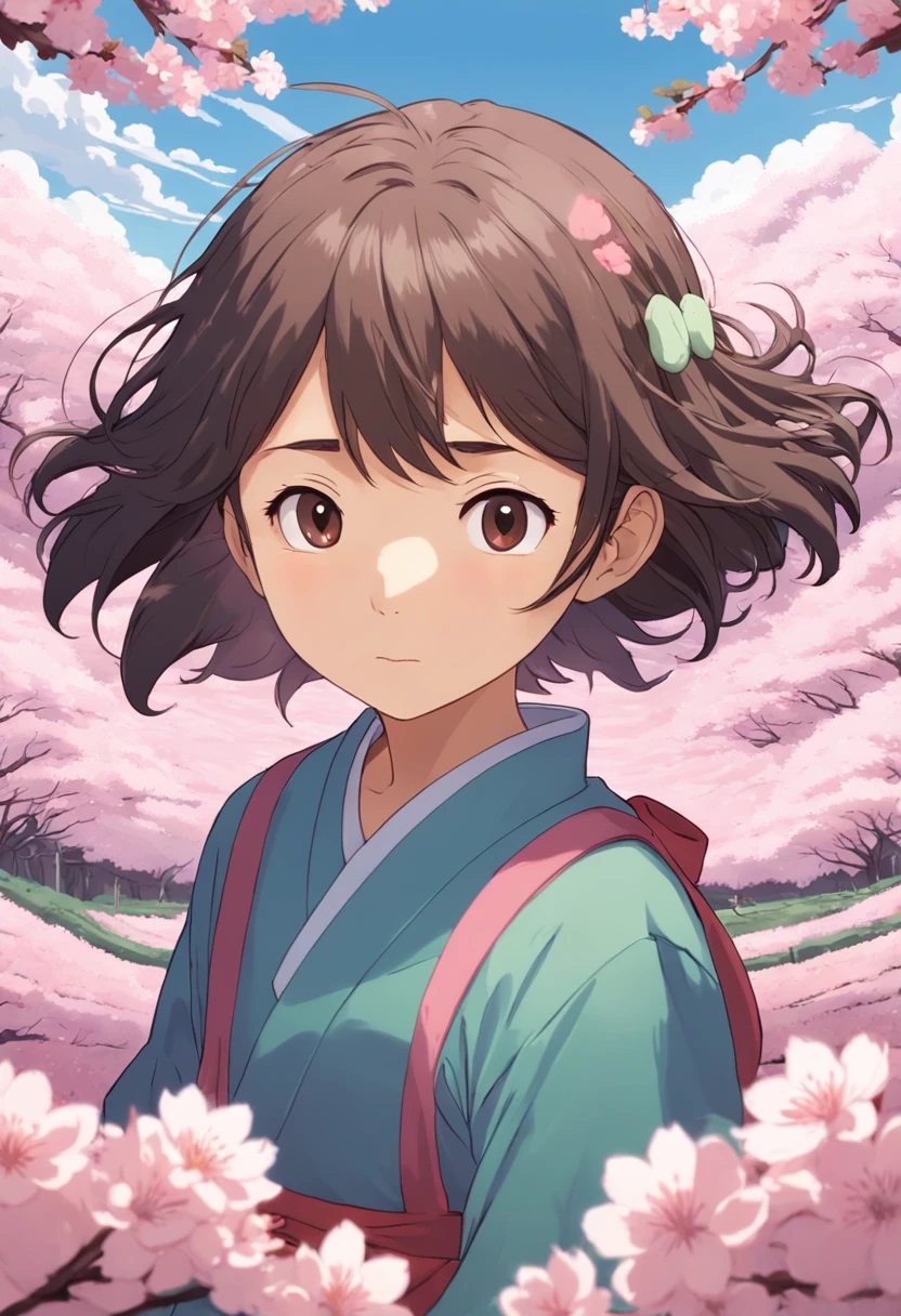 "Create a movie poster inspired by Hayao Miyazaki's Spirited Away, showcasing Chihiro Ogino and Kaonashi in a mesmerizing cherry blossom field."