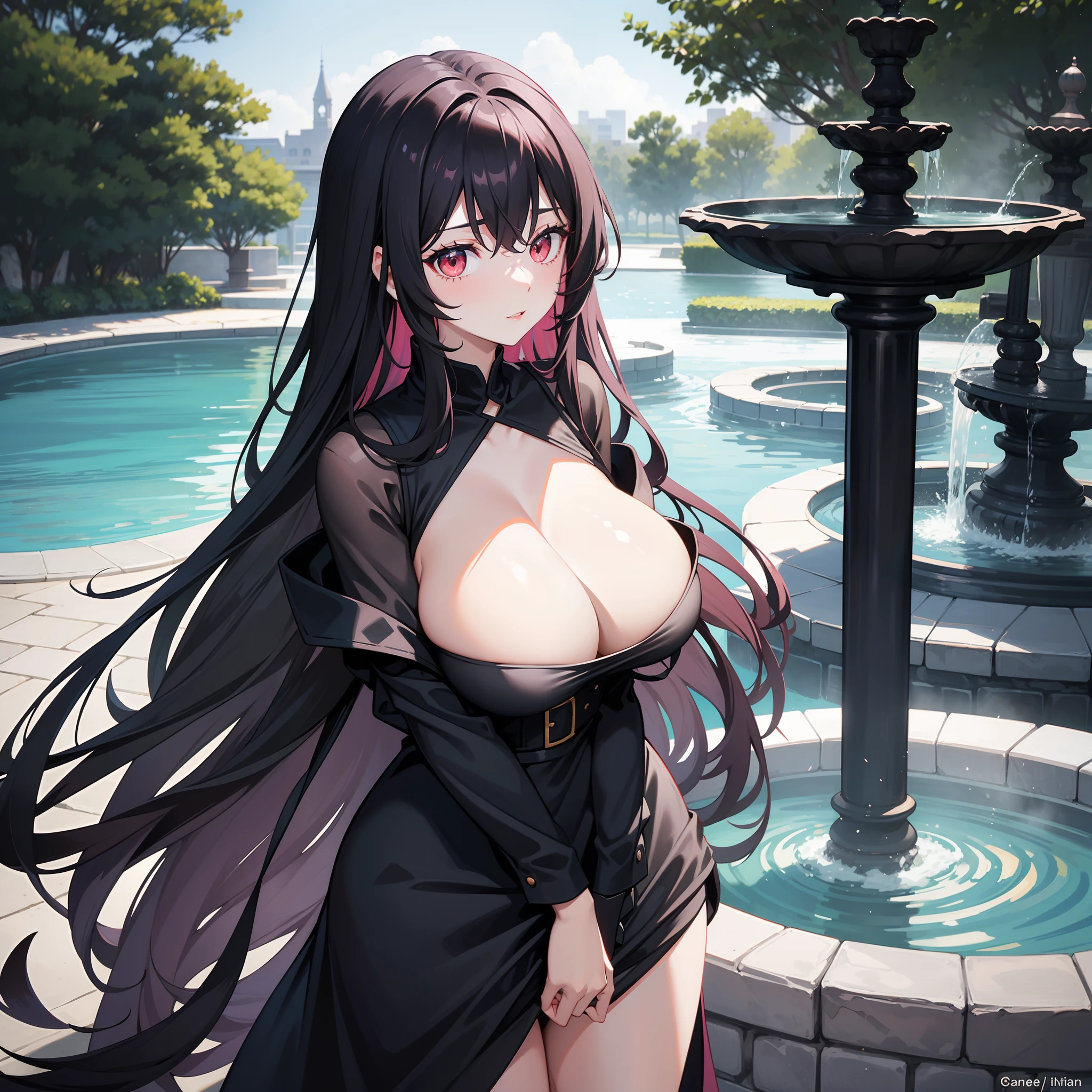Long black-pink hair,Black-gray eyes,White backless dress,squatt,huge tit,Stand next to the fountain,The face is very red,Eyes flutter