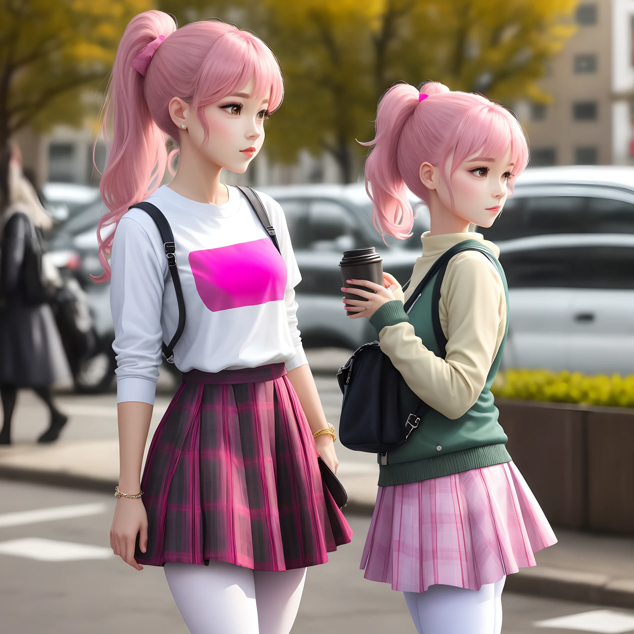 Pink double ponytail, pink plaid skirt, white tights